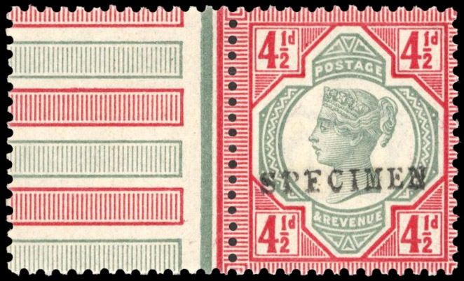 GB 1887-92 4½d green and carmine optd ‘SPECIMEN’ Type 9, Spec. K34s, SG 206s