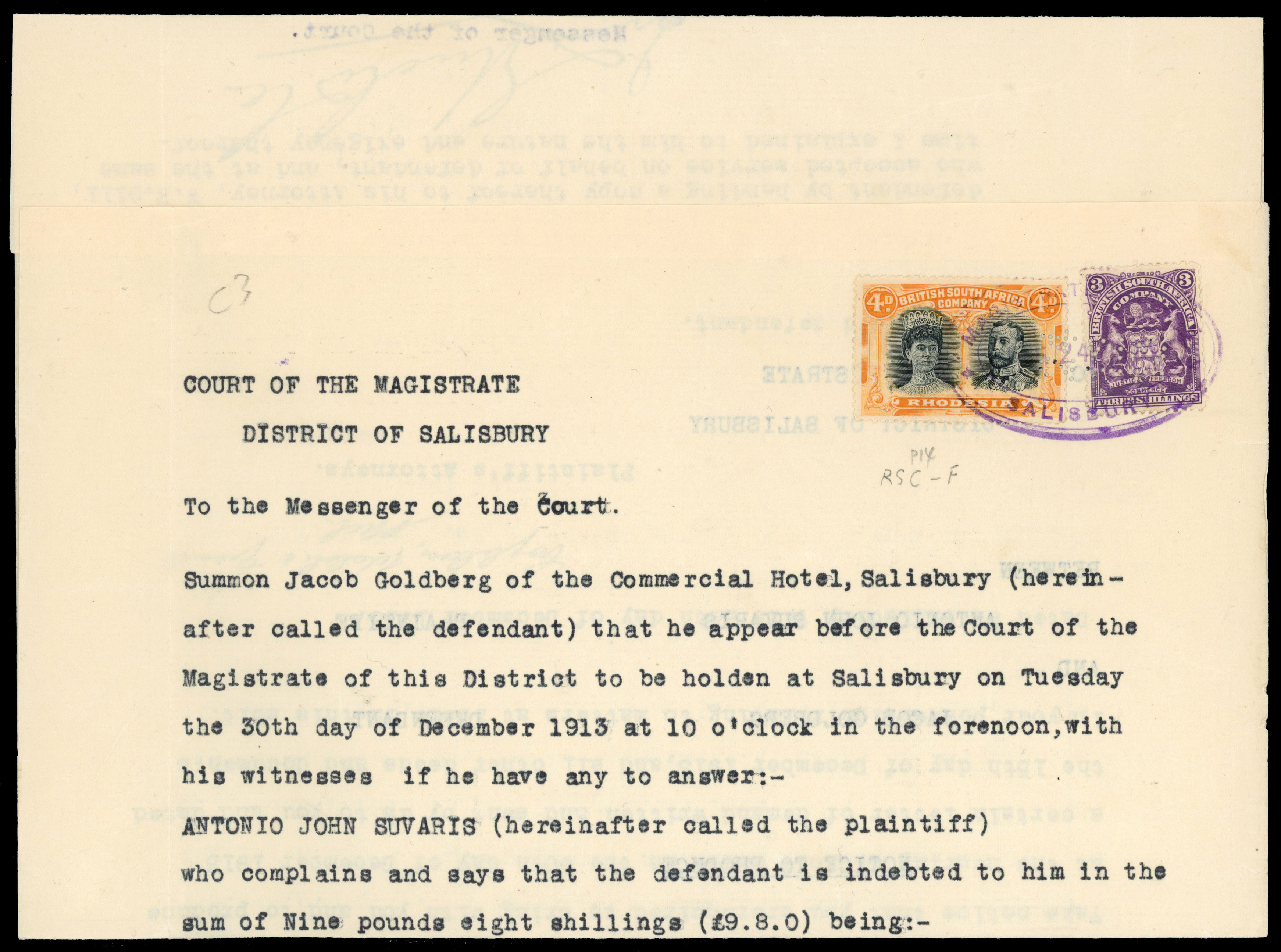 Rhodesia 1913 Court Summons document with 4d Double Head