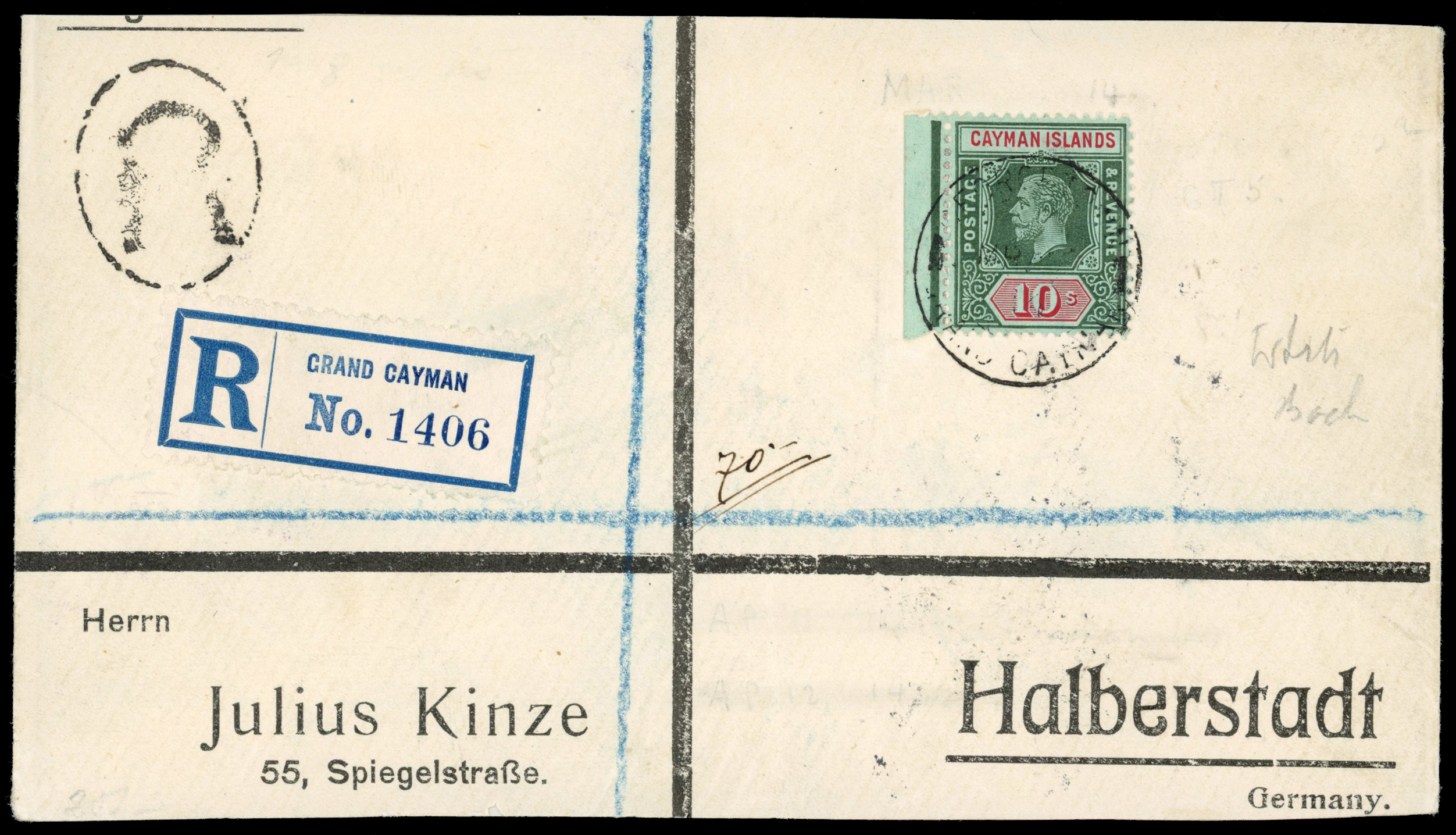 Cayman Islands SG 52b 1913 10s white back on cover to Germany