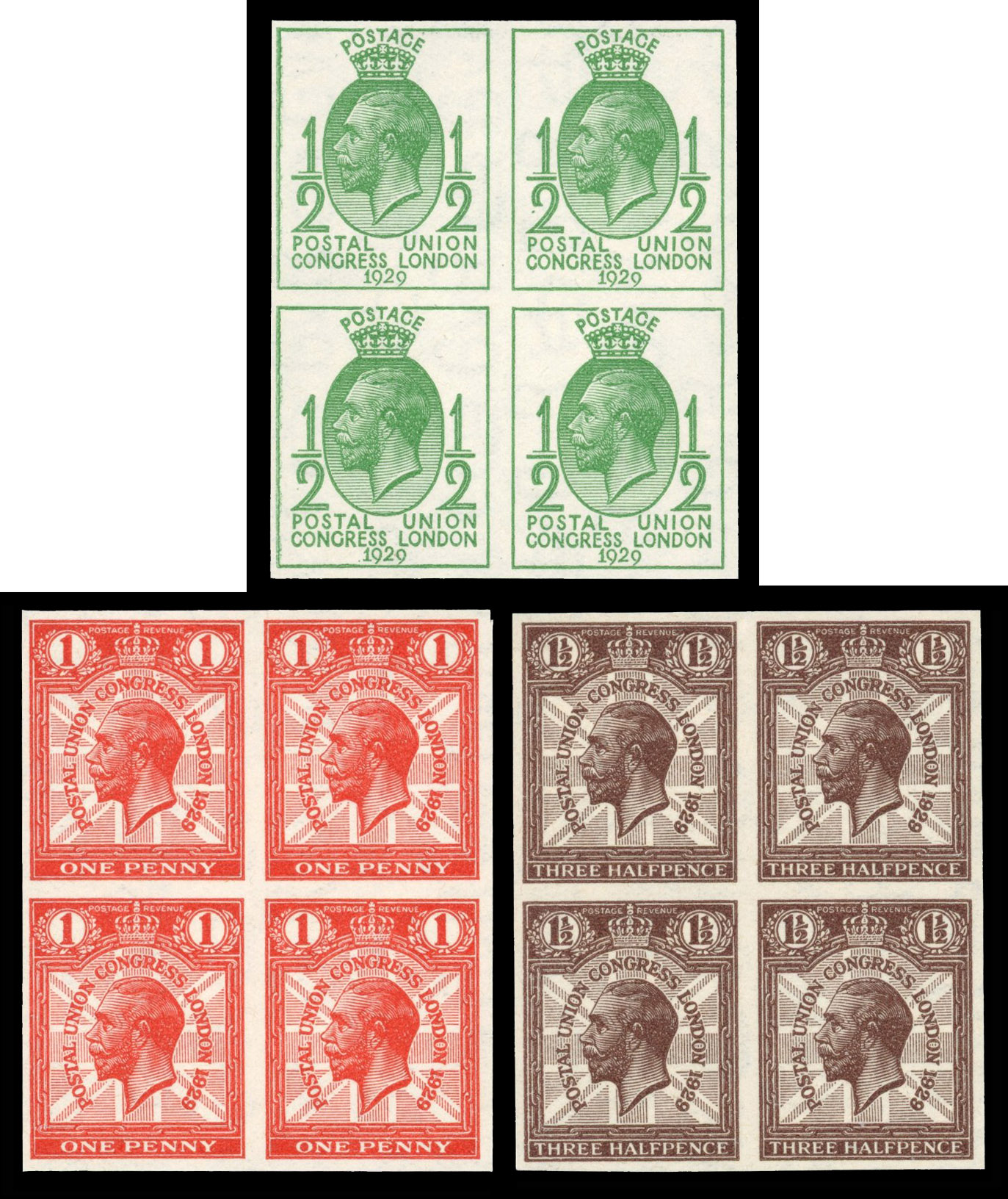 SG 434-6 1929 PUC ½d, 1d and 1½d imperforate Imprimatur blocks