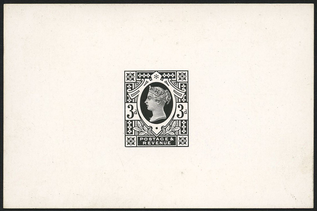 1886 3d "Jubilee" Die Proof. Very fine proof printed in black on white glazed card (92 x 60mm) without endorsements....