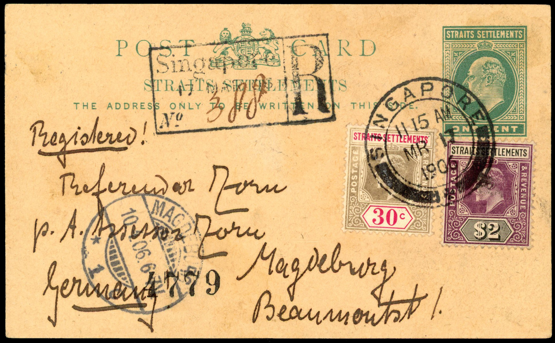 Straits Settlements 1906 1c postcard registered to Germany with 1904-10 30c, $2