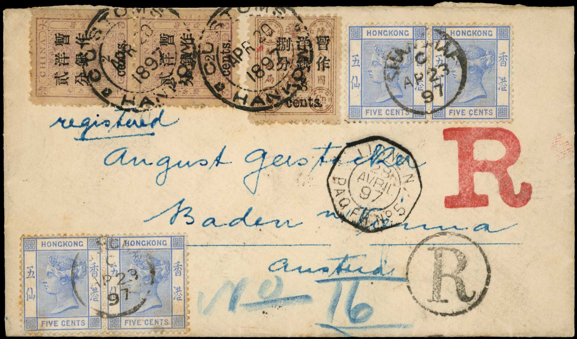 1897 (Apr 20) registered cover to Hong...
