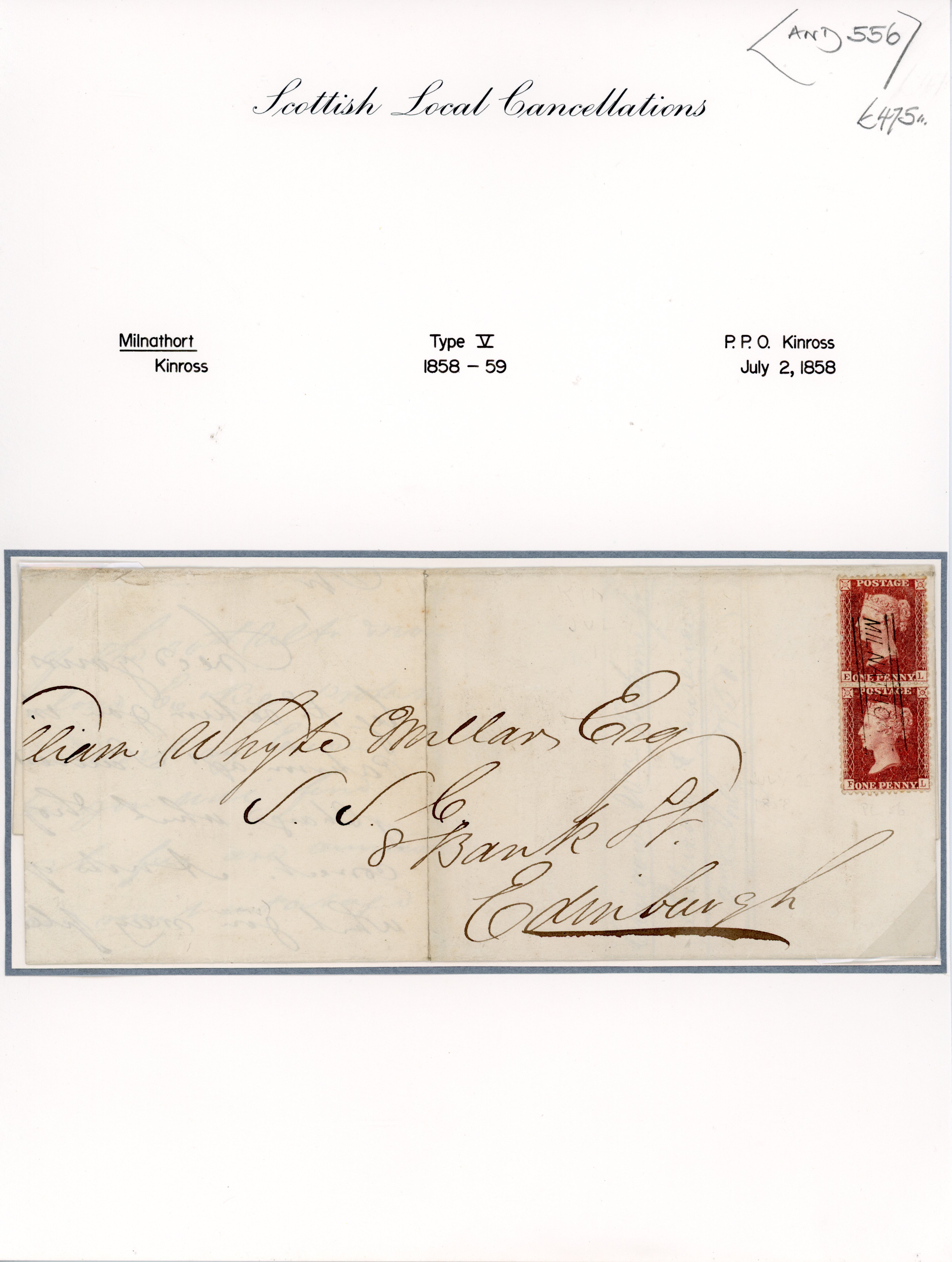GB 1858 (JY 2) entire to Edinburgh with rare type V "Milnathort" Scots Local