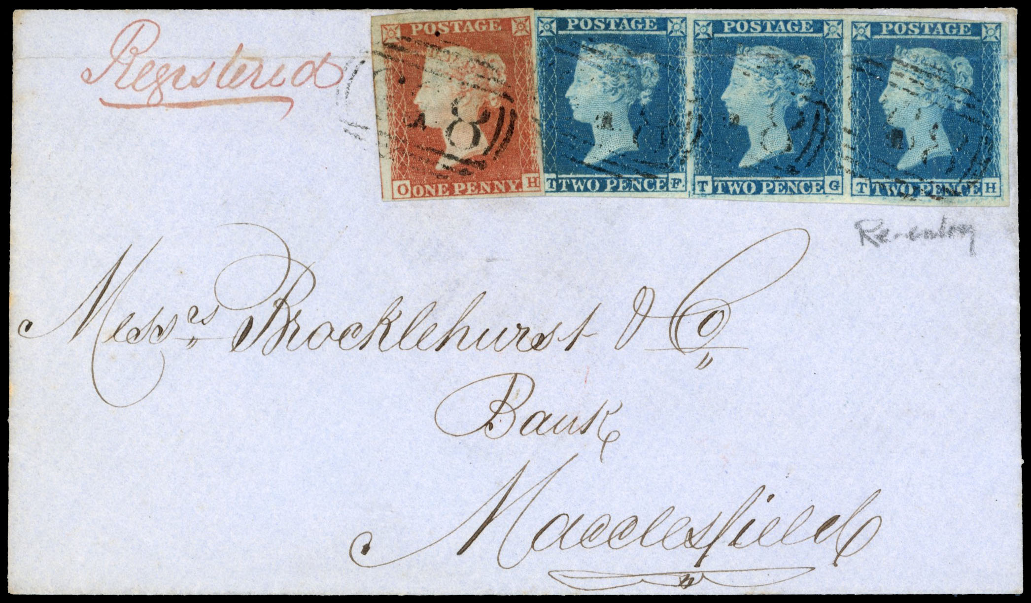 GB 1852 2d blue Plate 4 strip on registered cover  ???? origin