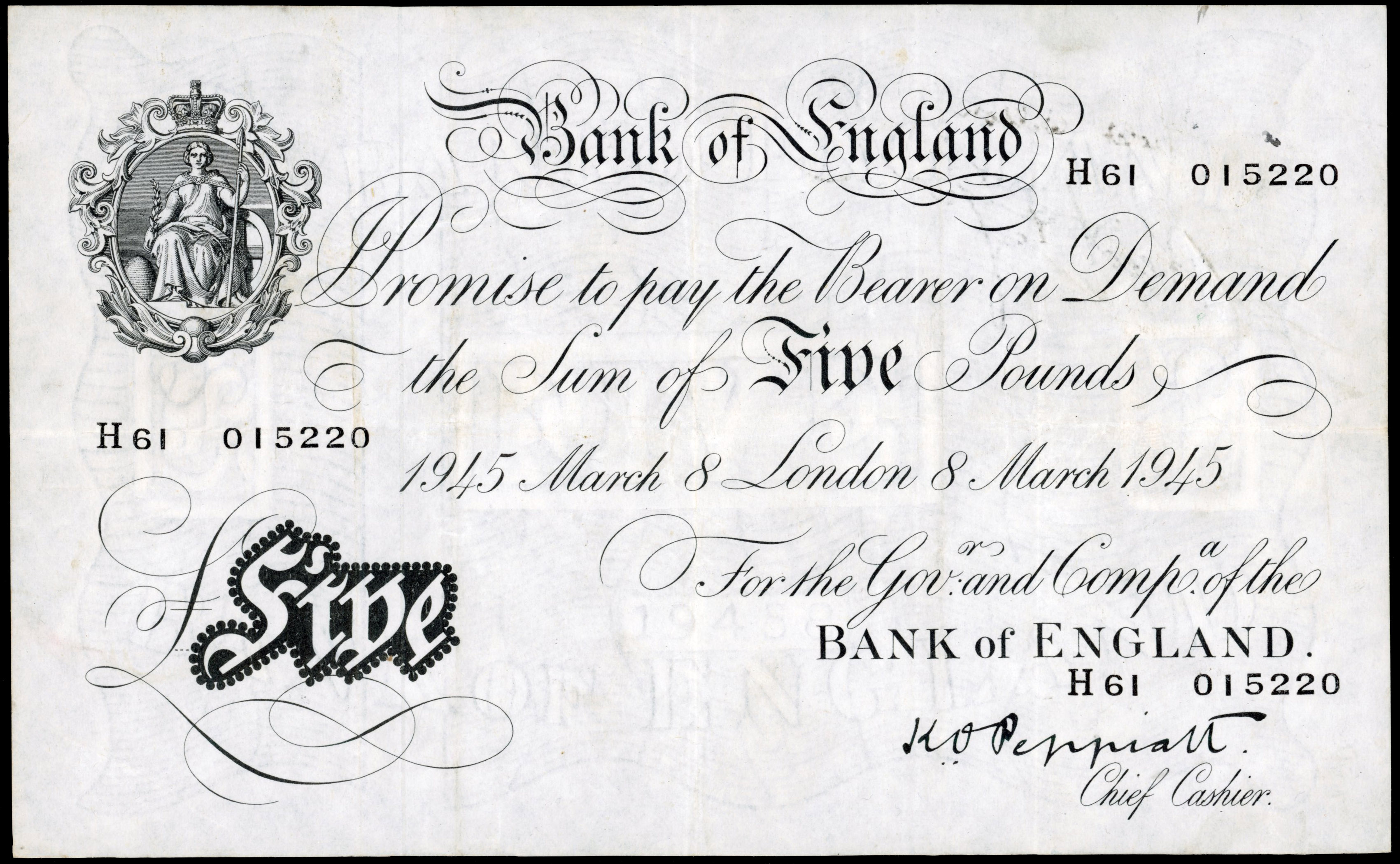 Bank of England, K O Peppiatt, White Five Pounds, London, 8 Mar. 1945, H/61 015220, (Dugg. B255). About Very F…