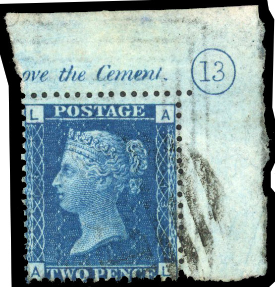 1869 2d Blue Pl.13. Corner plate number example, used