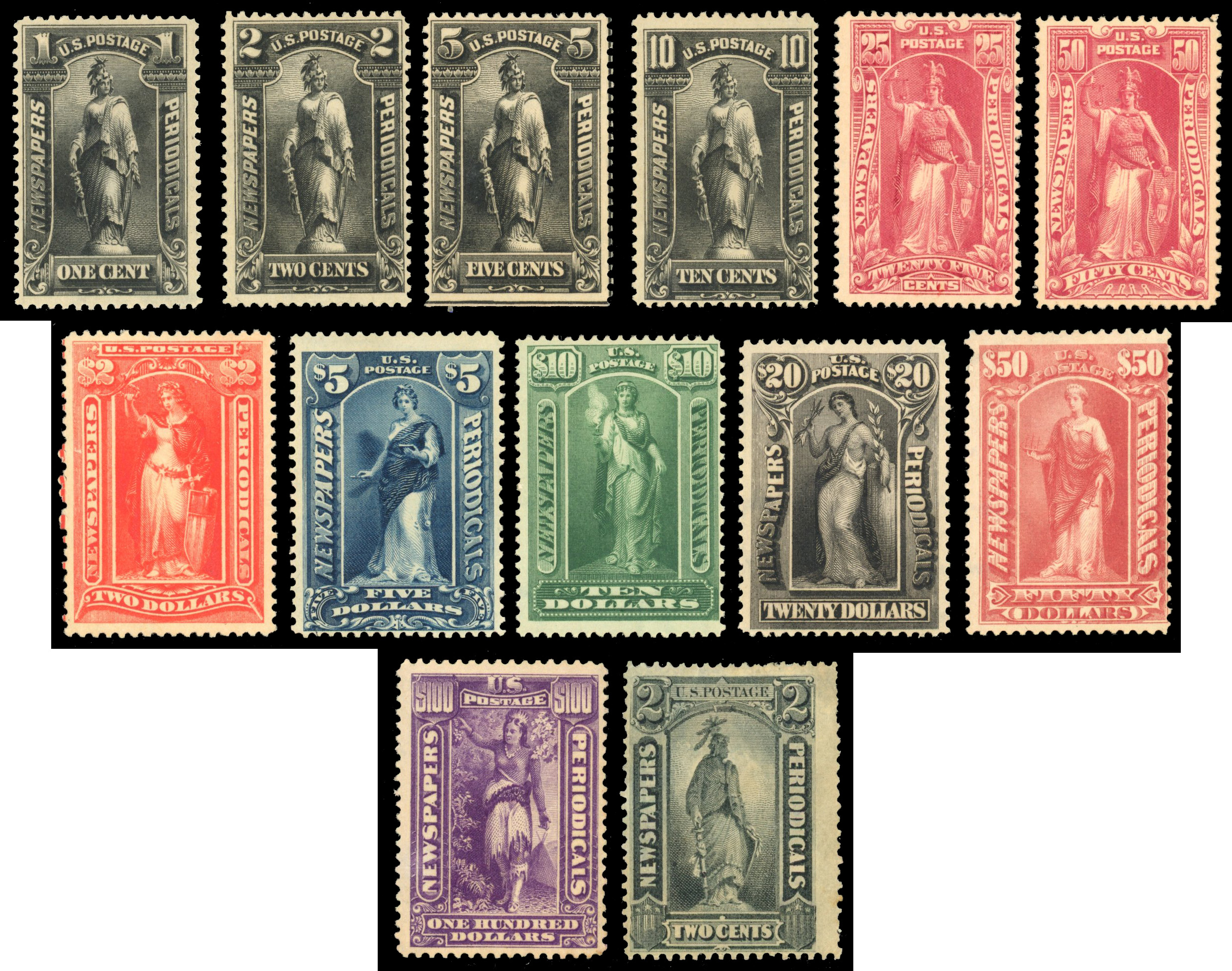 USA: NEWSPAPER: 1895-97 1c to $100 set of twelve with yellowish gum, mint 