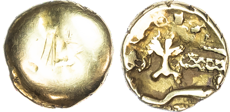 Celtic Imported Coinages, Morini (c. 60-30/25 BC) AV ¼ Stater, ‘Uniface Plain Tree’ type (Gallo-Belgic
DB), 1.37g.