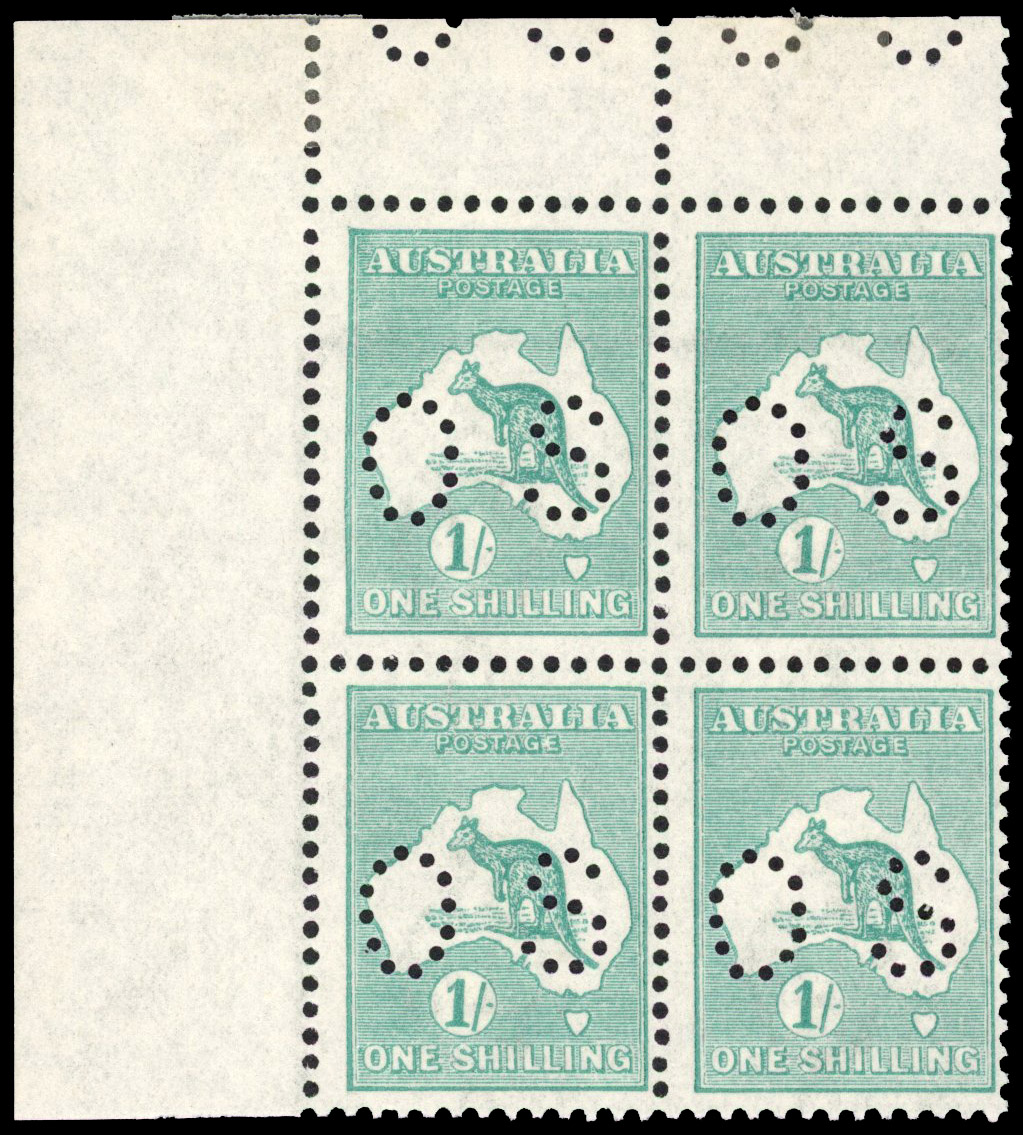 Australia Official 1929-30 Kangaroo 1s blue-green, perf OS upper left corner block of 4,