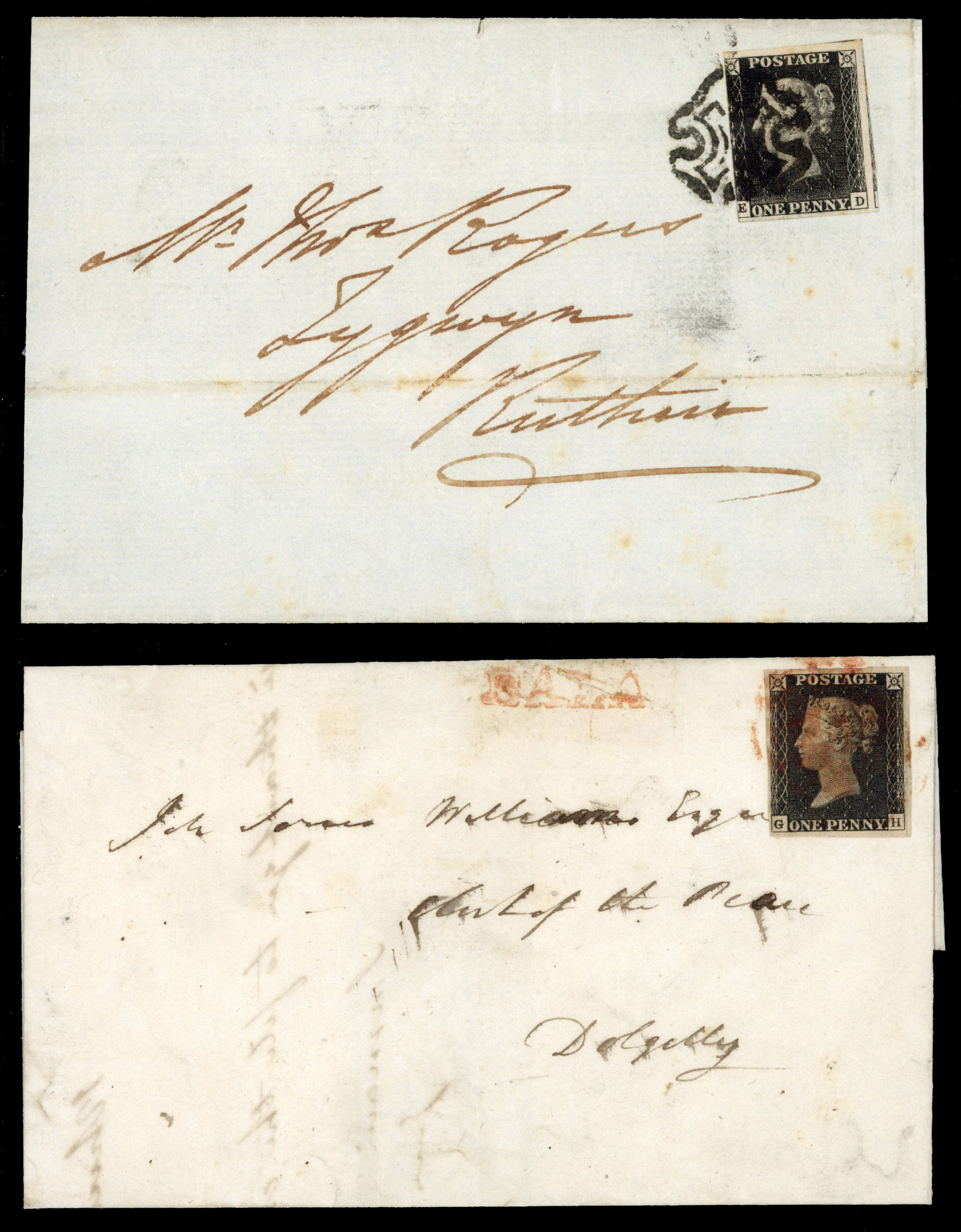 1840 1d black unplated selection consisting of twenty stamps on entires/entire letters, cancelled