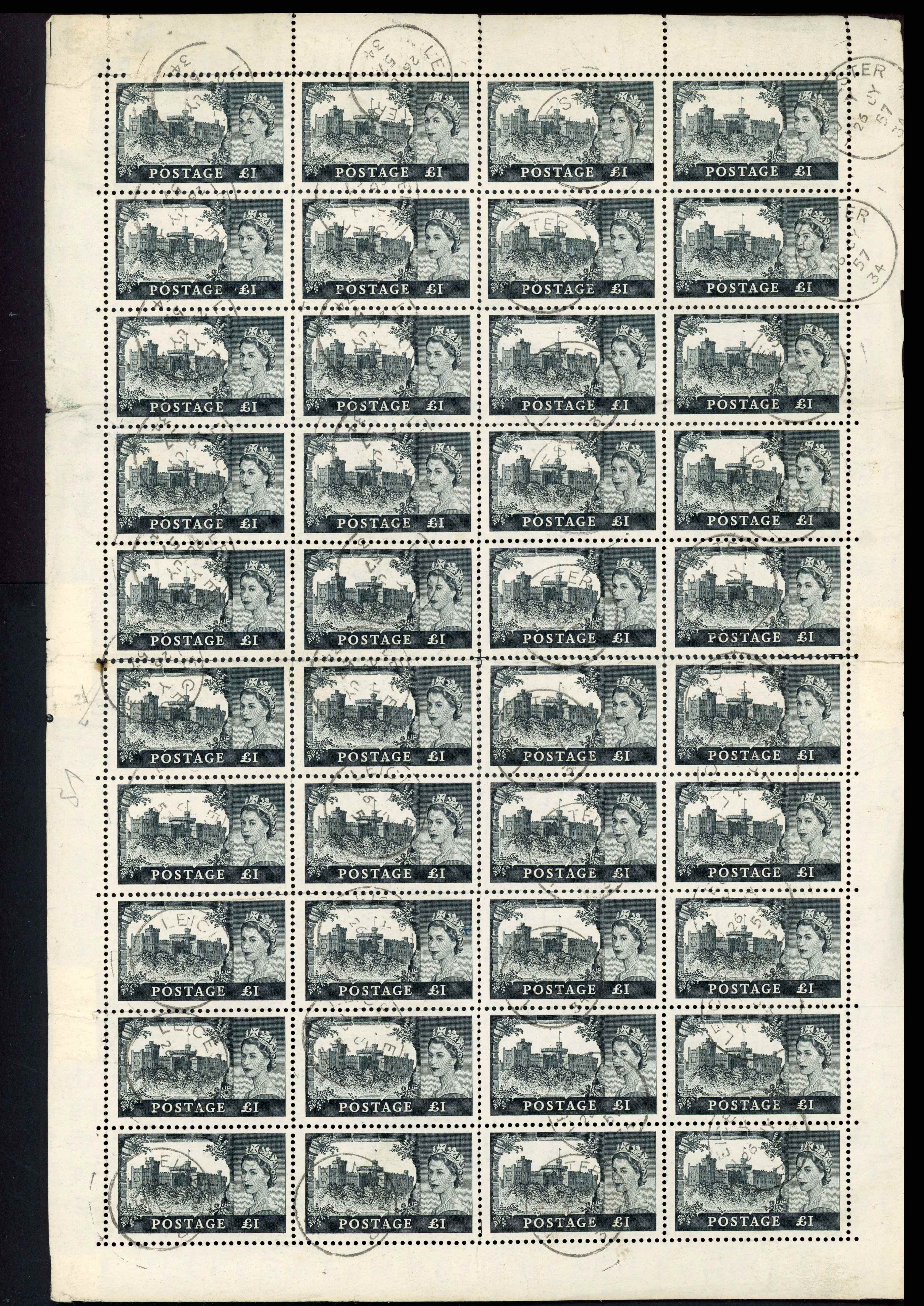 GB 1955-65 Castle high values £1 in blocks from four upwards including complete sheets of forty
