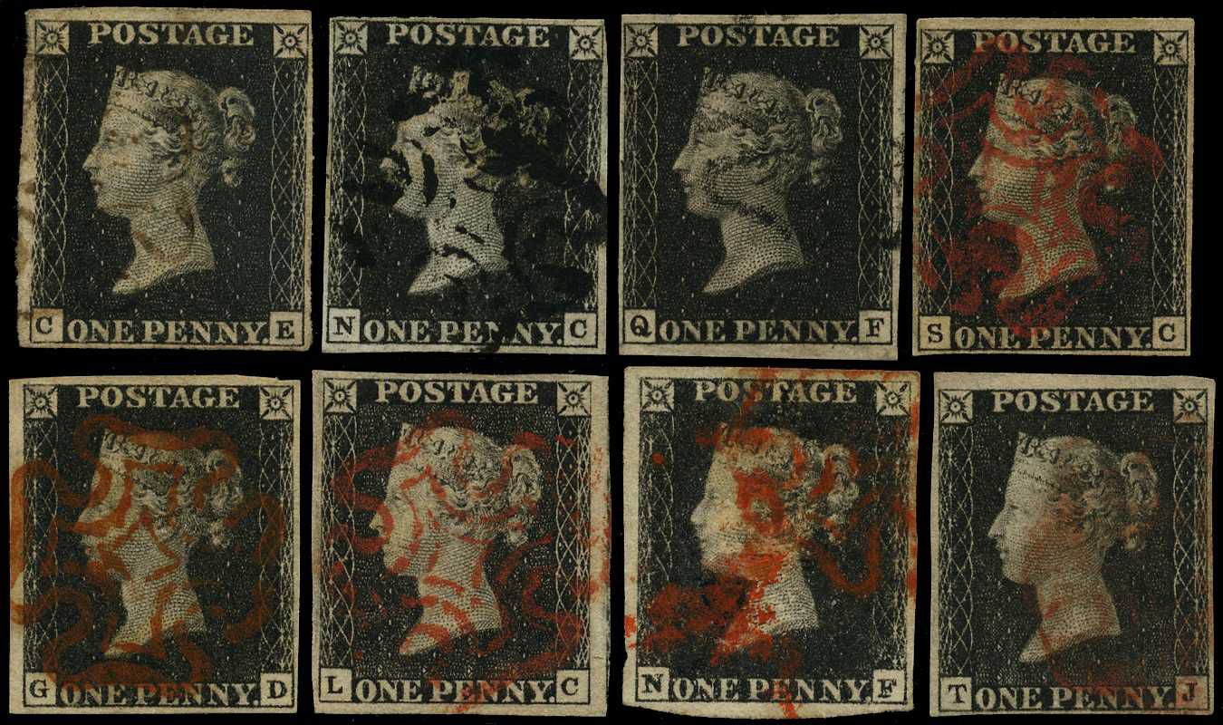 1840 1d black Plate 7 group, up to four...