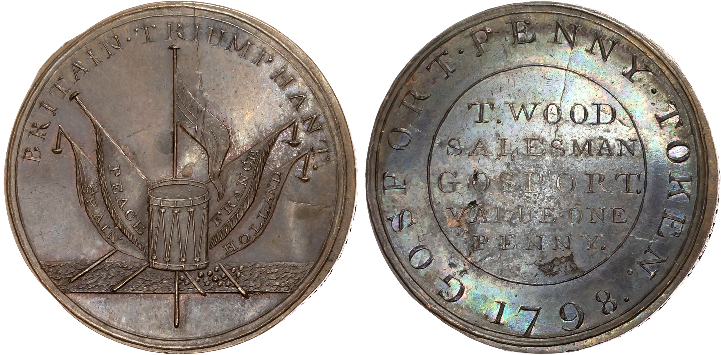 Hants . Gosport, Thomas Wood, Jacobs’ Penny 1798, Flags and drum, rev . T. Wood salesman etc, edge I PROMISE TO PAY ON D …