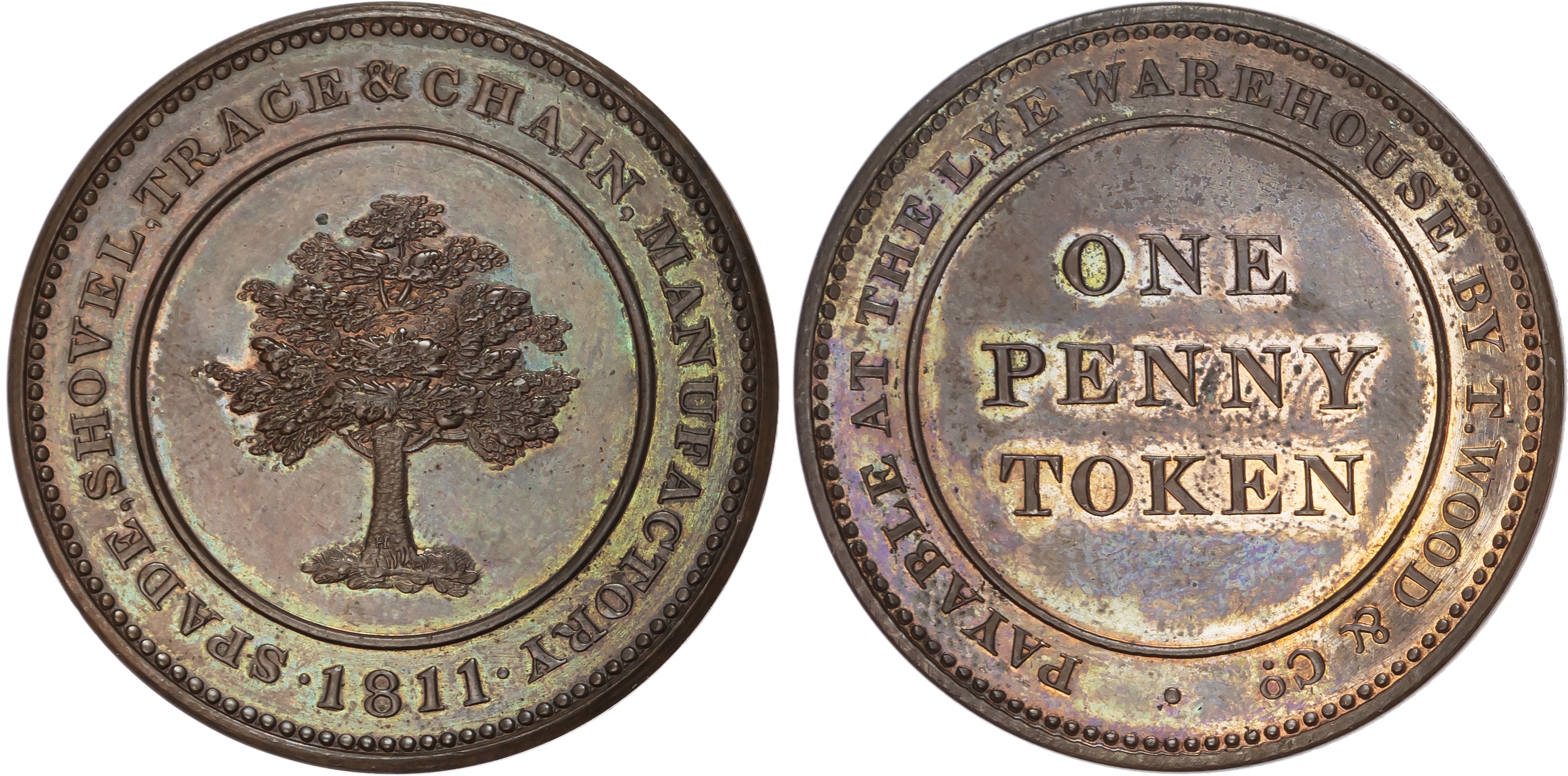 Worcs . Lye, Thomas Wood & Co, Proof Penny 1811, legend around value, rev. tree, edge centre-grained, 3…