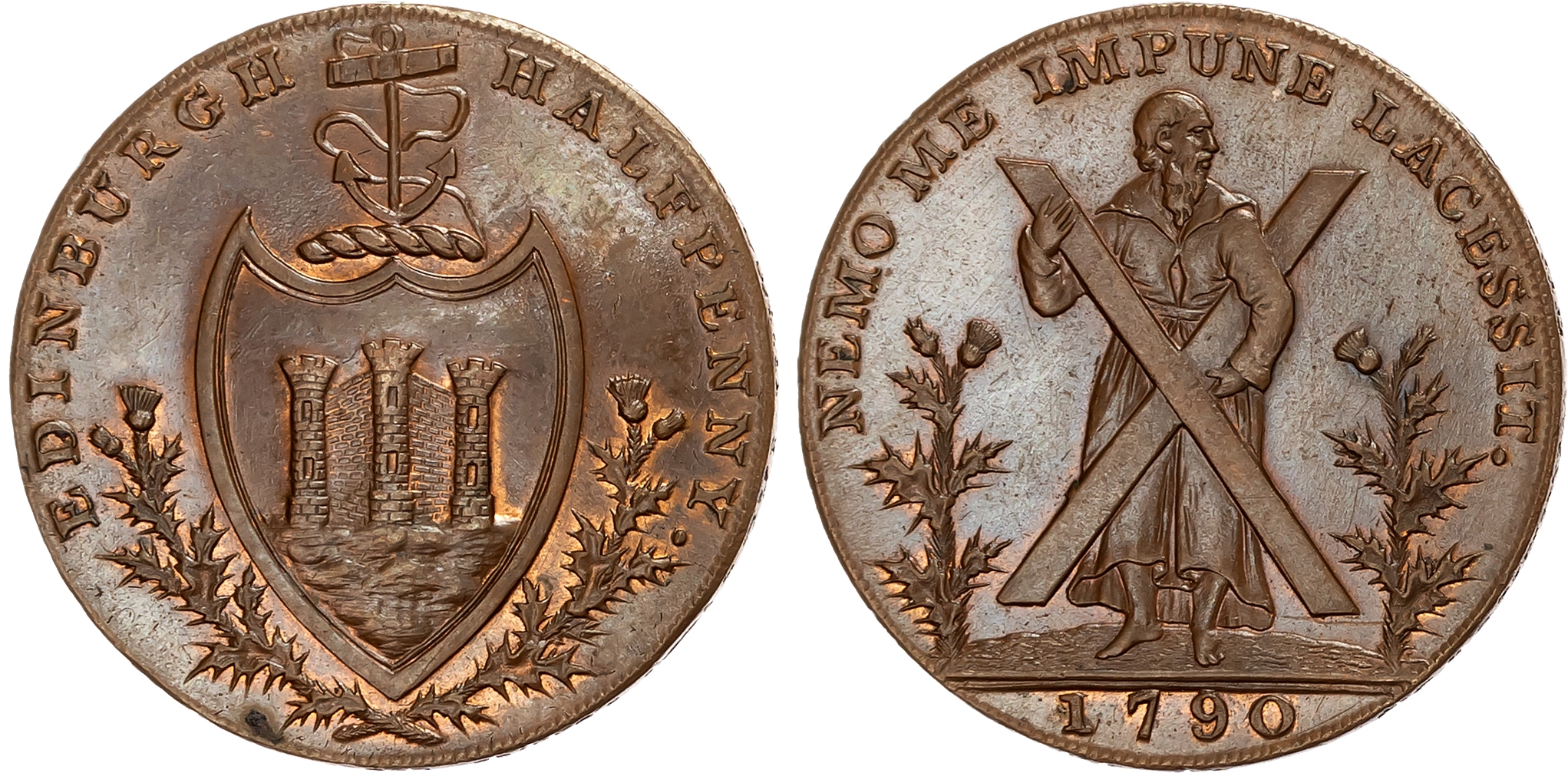 Loth. Edinburgh, Thomas and Alexander Hutchison (haberdashers and general merchants) Halfpenny 1790, St. Andrew holding  …