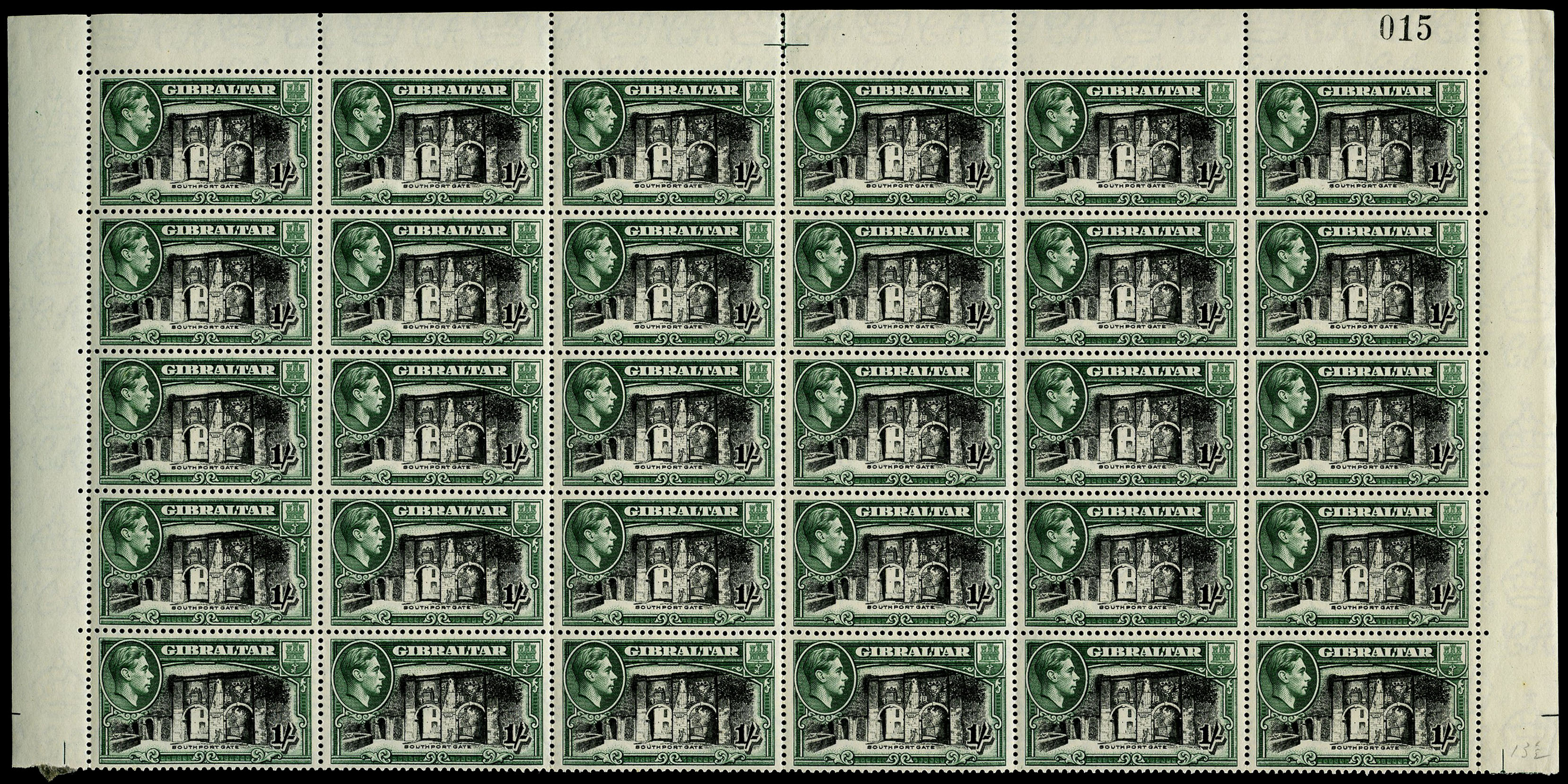 1938 1/- black and green, perf 13½....