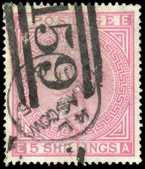 1867-83 Wmk Large Anchor 5s rose, blued paper, Plate 4 (EA), tied by Glasgow cds