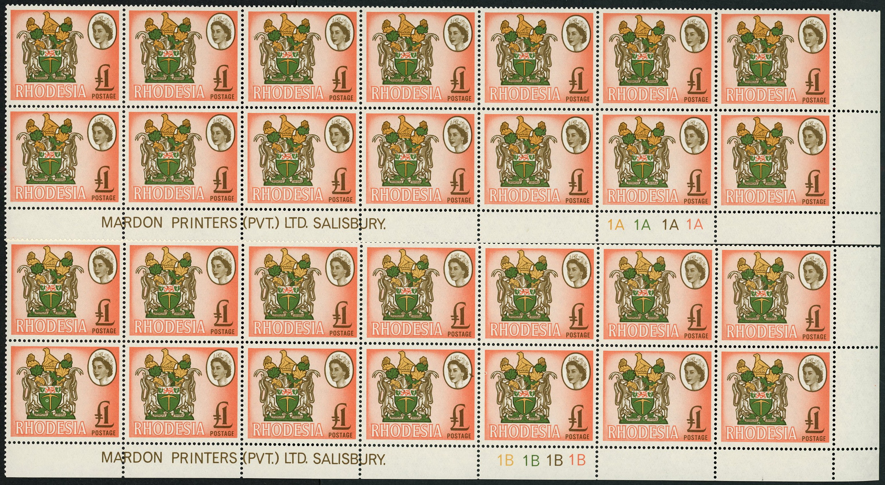 Rhodesia 1966 Mardon trial printing imprint and clyinder blocks of 14 of £1 SG...