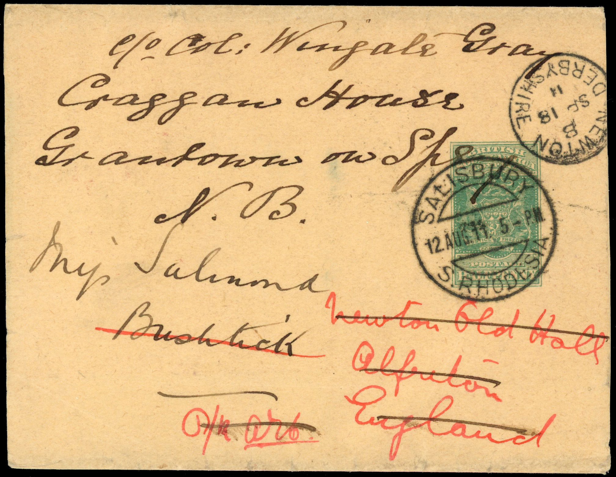 Rhodesia 1911 ½d Arms wrapper to Bushtick, redirected to Rngland