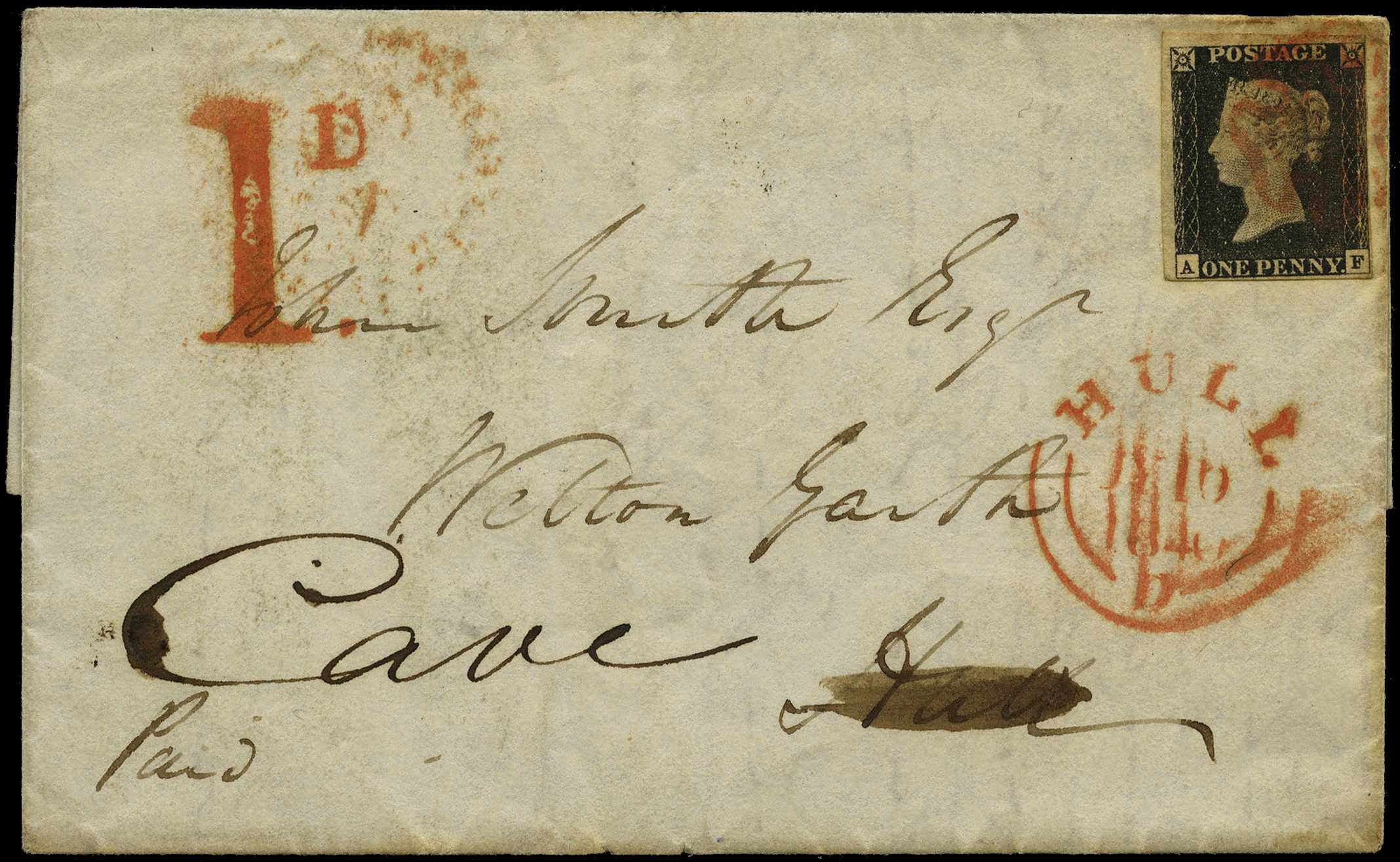 1840 entire letter franked by 1d black Plate...