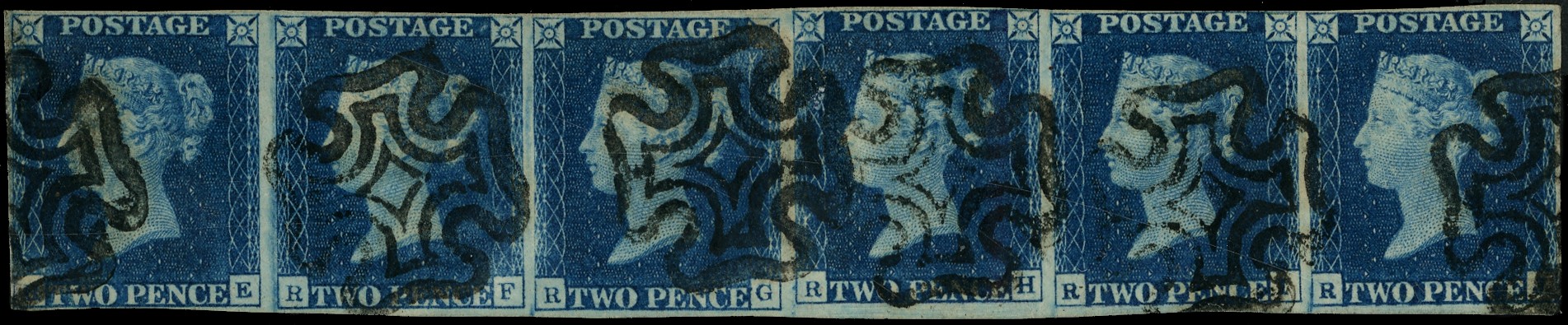 Great Britain 1840 2d Deep blue horizontal strip of six...