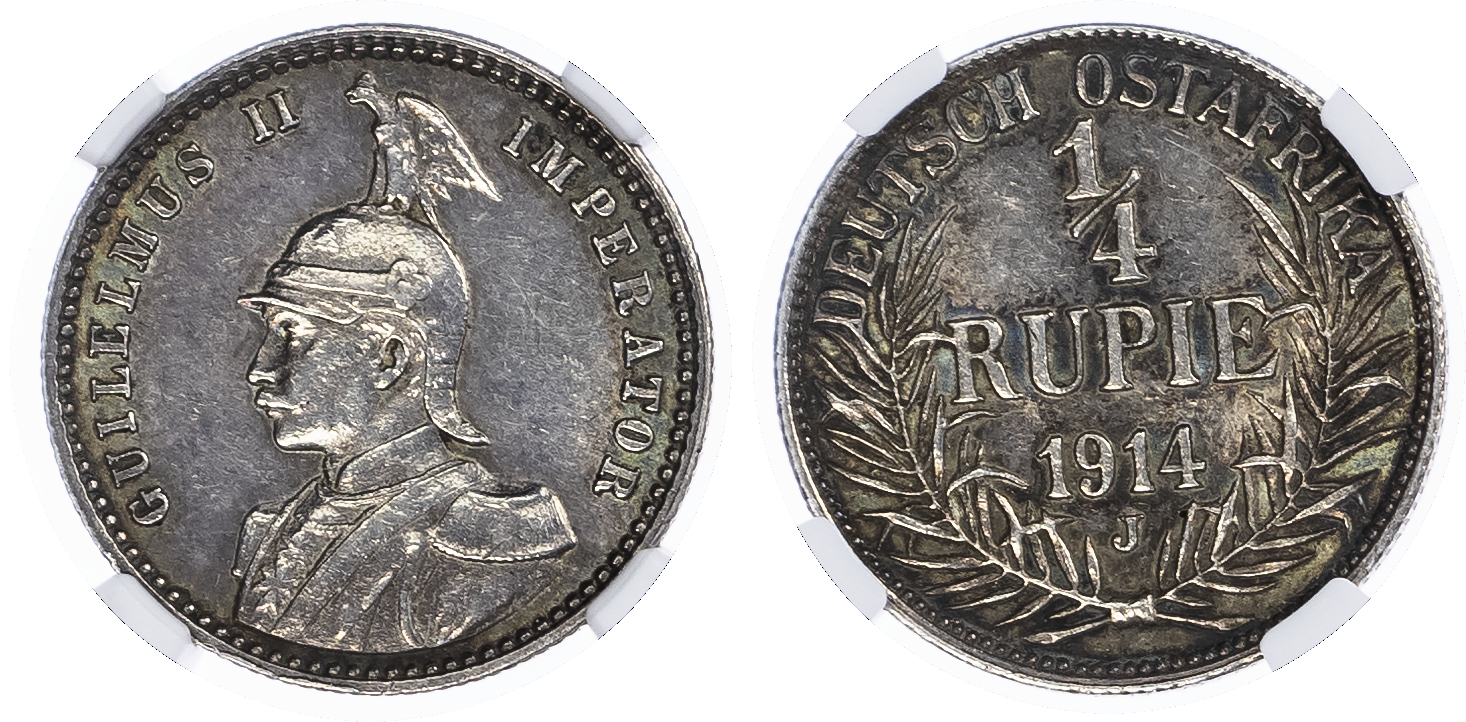 German East Africa. Wilhelm II AR 1/4 Rupie. 1914J. 