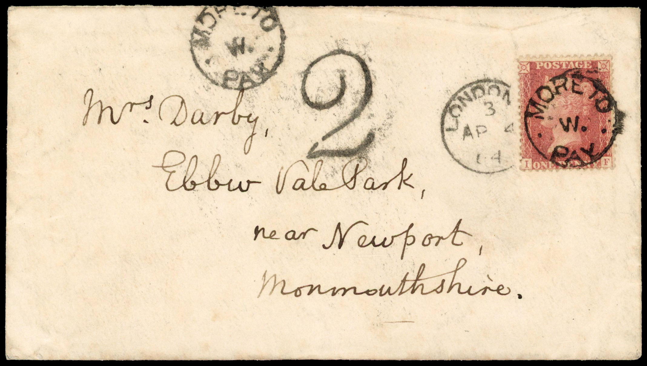 1857 1d Rose red Pl.R.17. Envelope sent from London to Newport MORE TO PAY cds