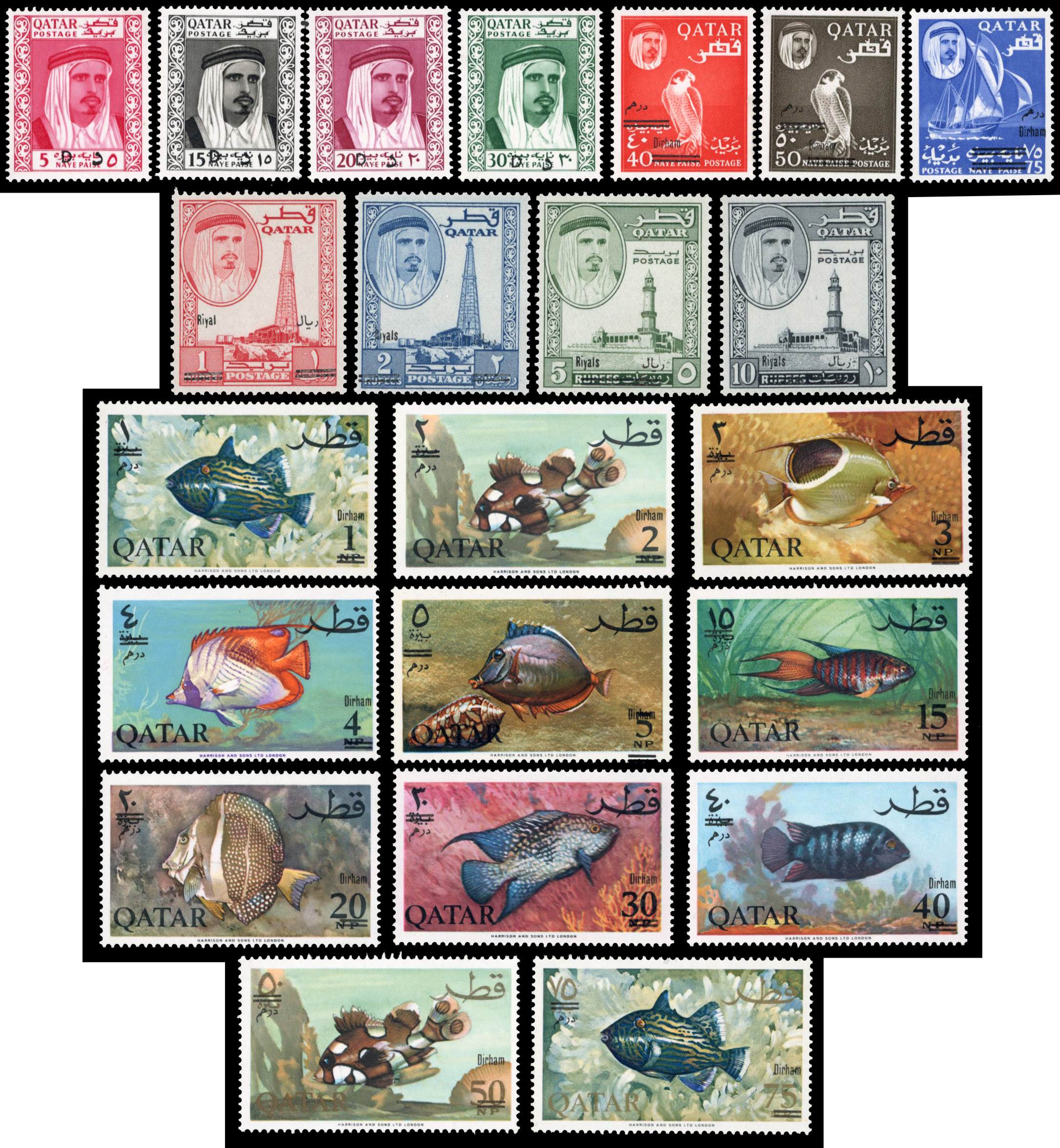 Qatar 1966 New Currency Surcharges unmounted mint selection arranged on Hagner sheets