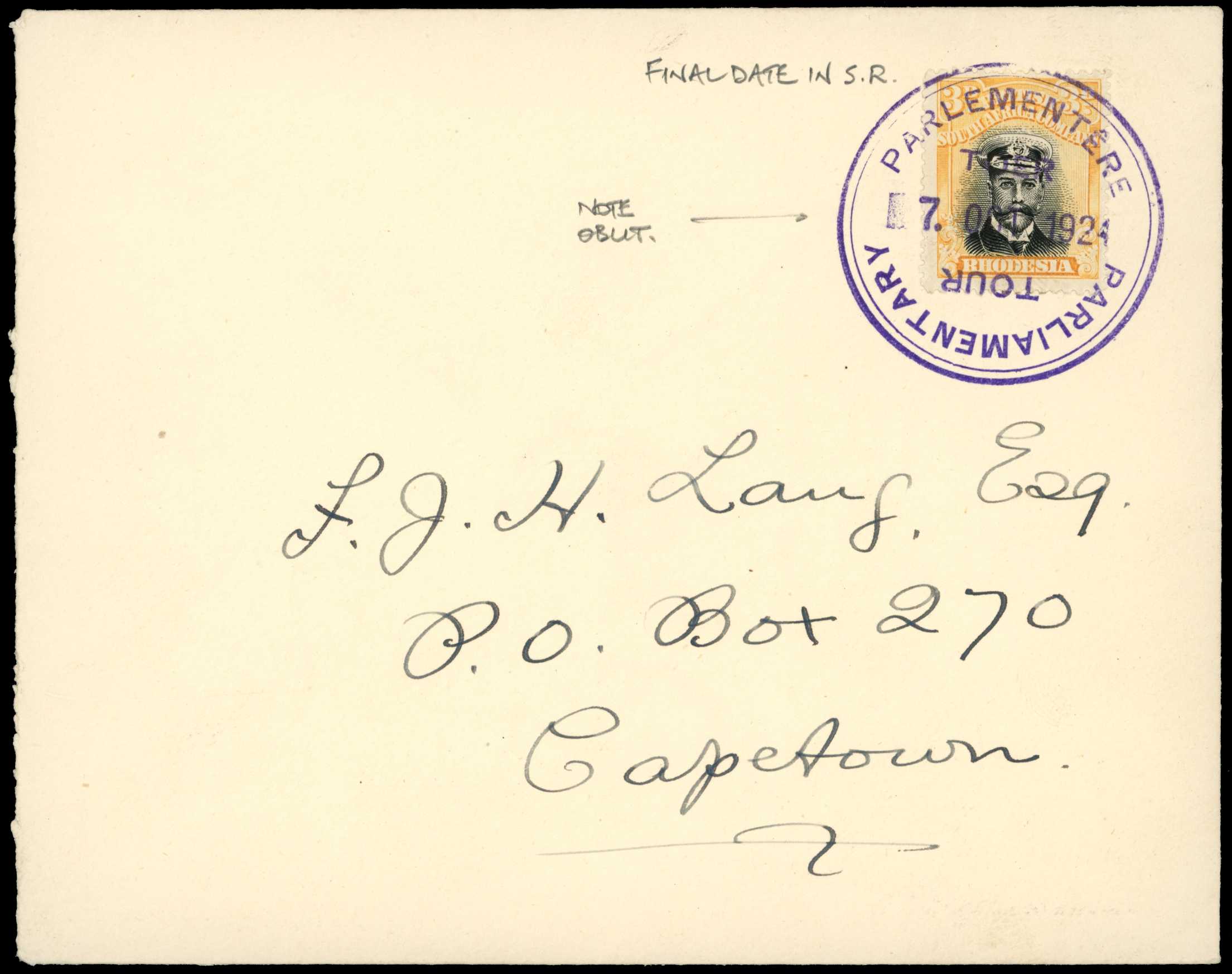 1924 3d Die IIIB on cover to Cape Town, tied...