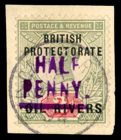 Niger Coast SG 9 1893 ½d on 2d Type 3 surcharge used on piece
