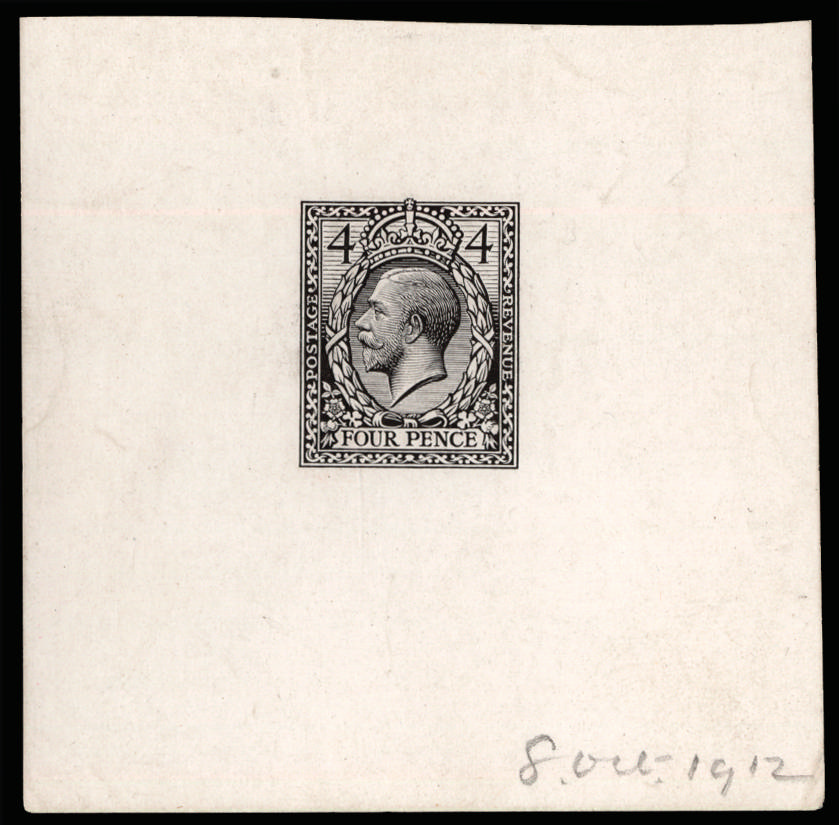 Great Britain 1912 4d Mr. Eve's Wreath design die proof. Very fine cleared example printed on black on white glaze…