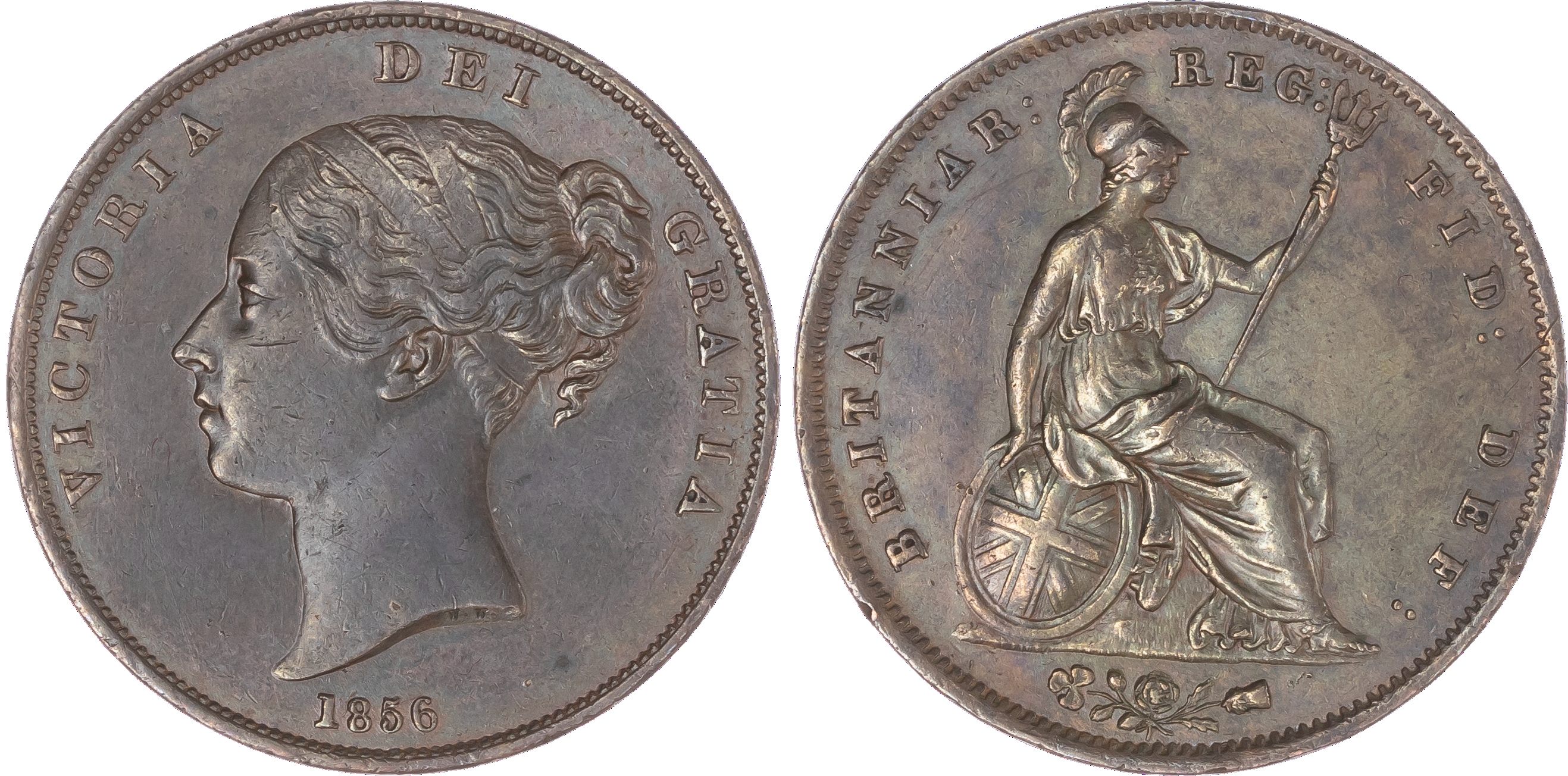 Victoria (1837-1901), Penny, 1856, ornamental trident, young head left date below, legend surrounds VICTORIA DEI GRATIA,