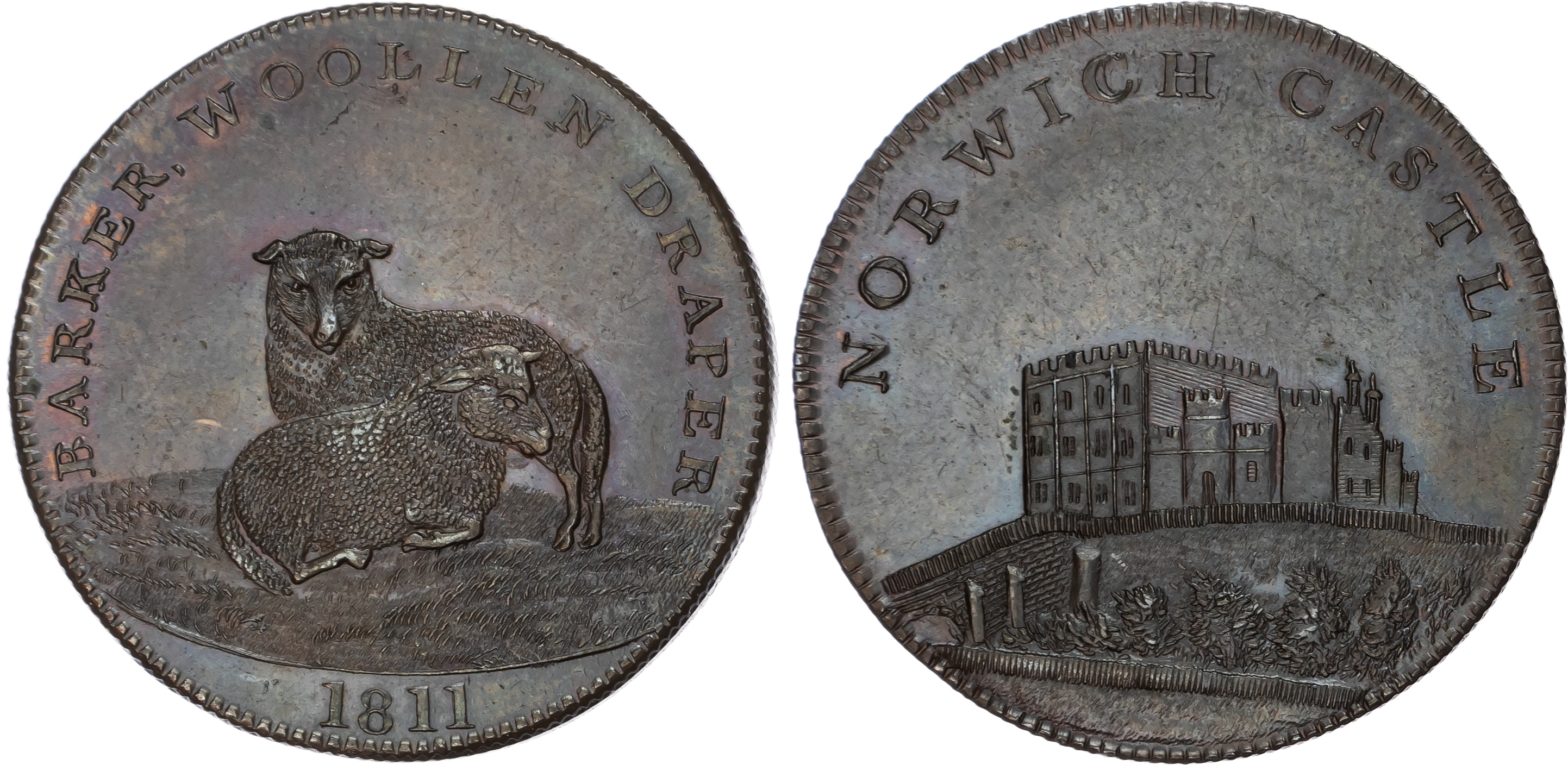 NORWICH Norf. John Barker (woollen draper & haberdasher), Penny 1811 Two sheep, rev. view of Norwich castle, e…