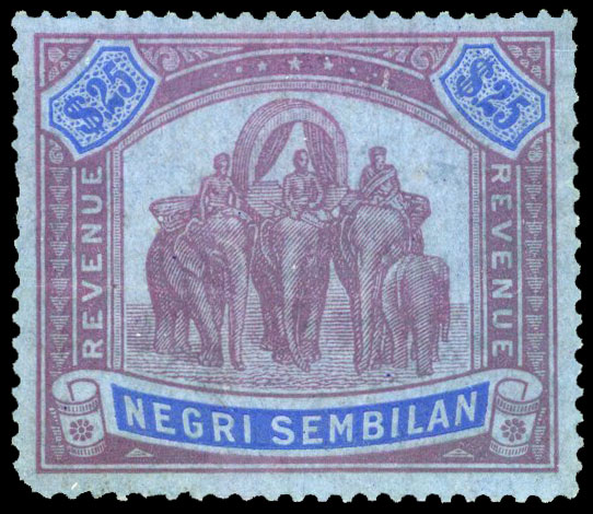 Malaya Revenue Negri Sembilan Elephant 1936 $25 purple and blue on blue,