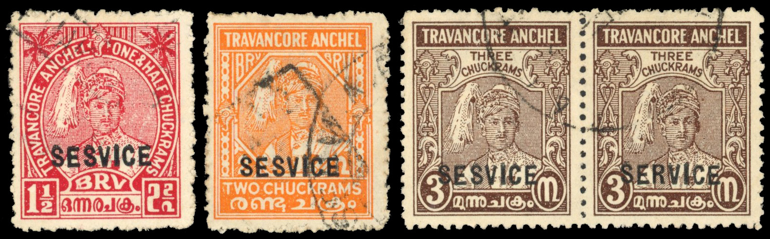 I.F.S Travancore SG O88a,89a,90a used SESVICE variety 