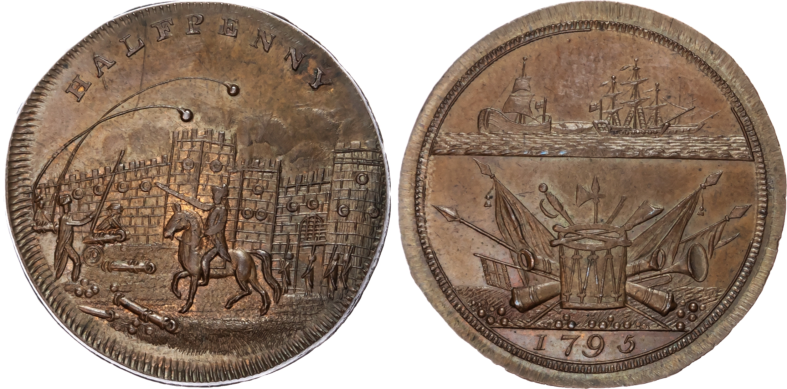 Suss. Brighton , Skidmore’s mule Halfpenny 1795, Mounted officer directing fire on a castle (Bastille?), rev. …