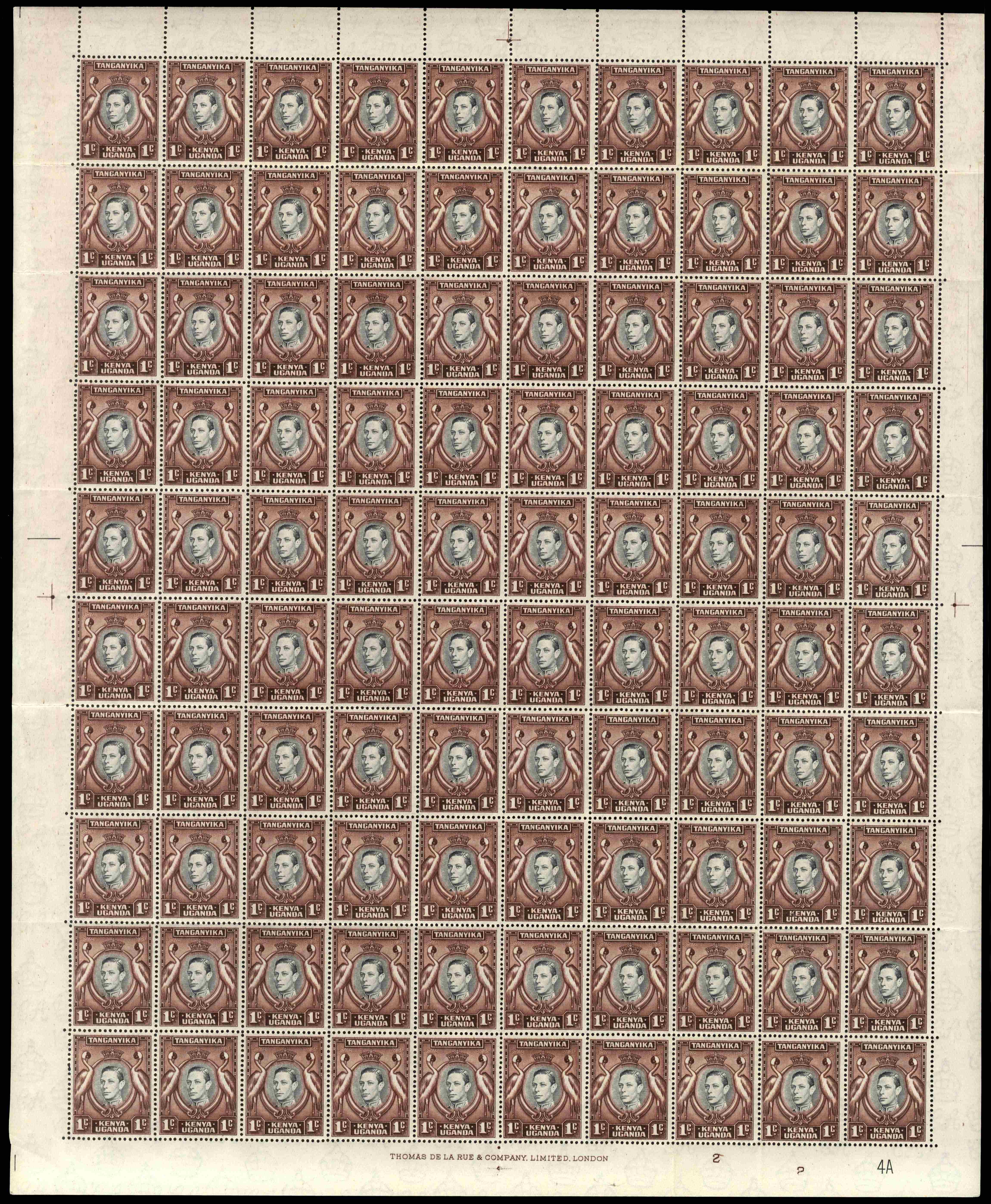 KUT 1938-54 1c sheet of 100 with varieties including missing 'A' of 'CA' in watermark, SG 131a, ab, ad.