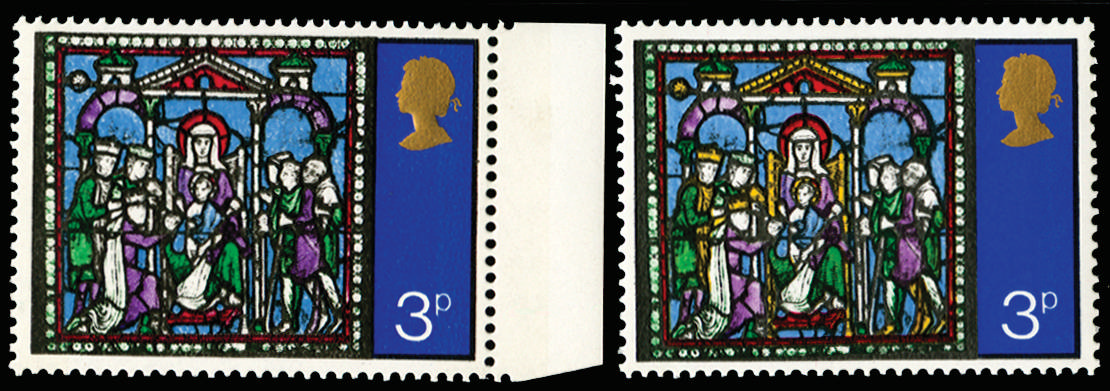 Great Britain 1971 3p Christmas. Very fine unmounted o.g. right hand marginal example with Lemon (window panels) o…