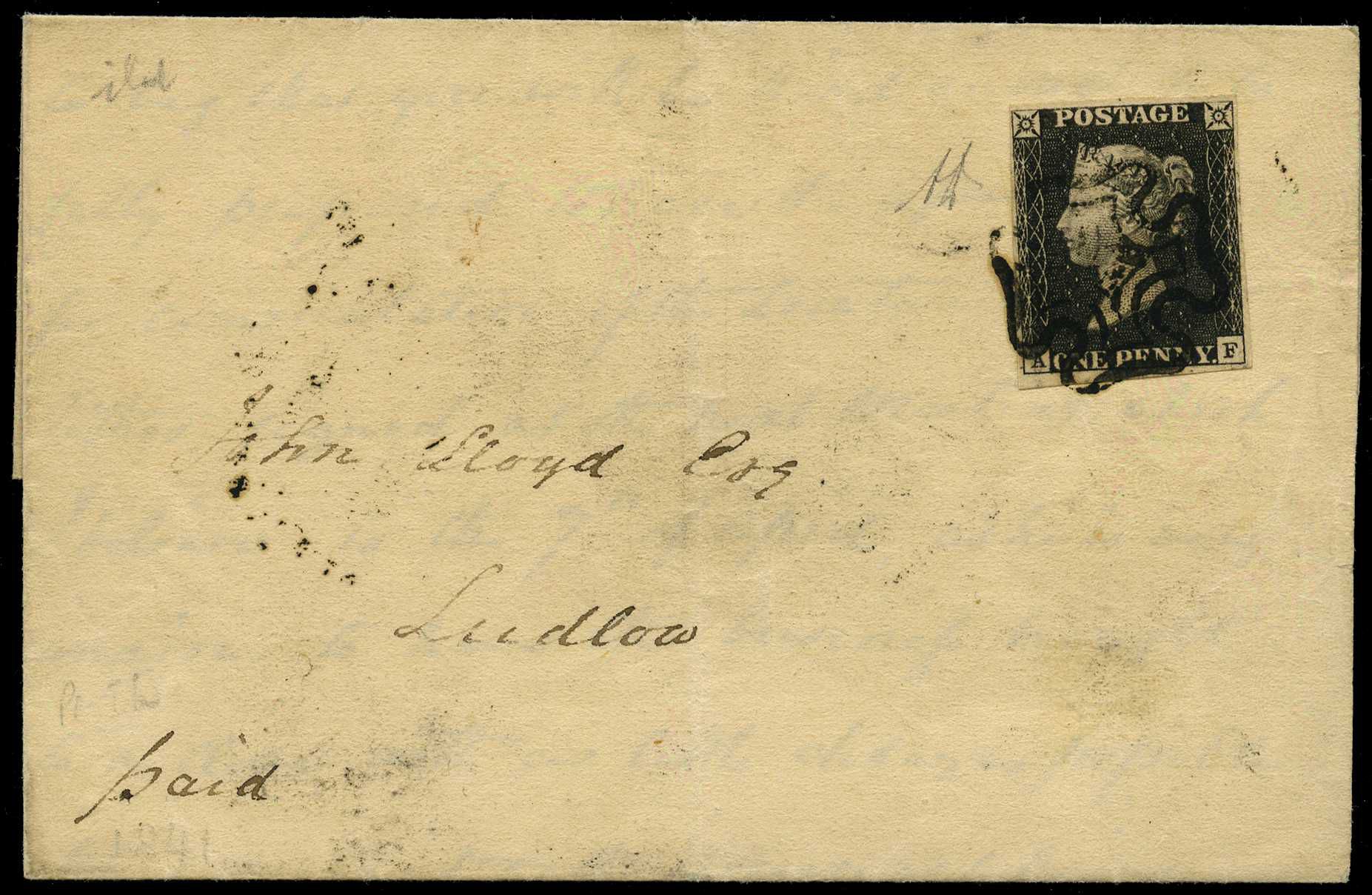 1841 entire letter to Ludlow franked by 1d...