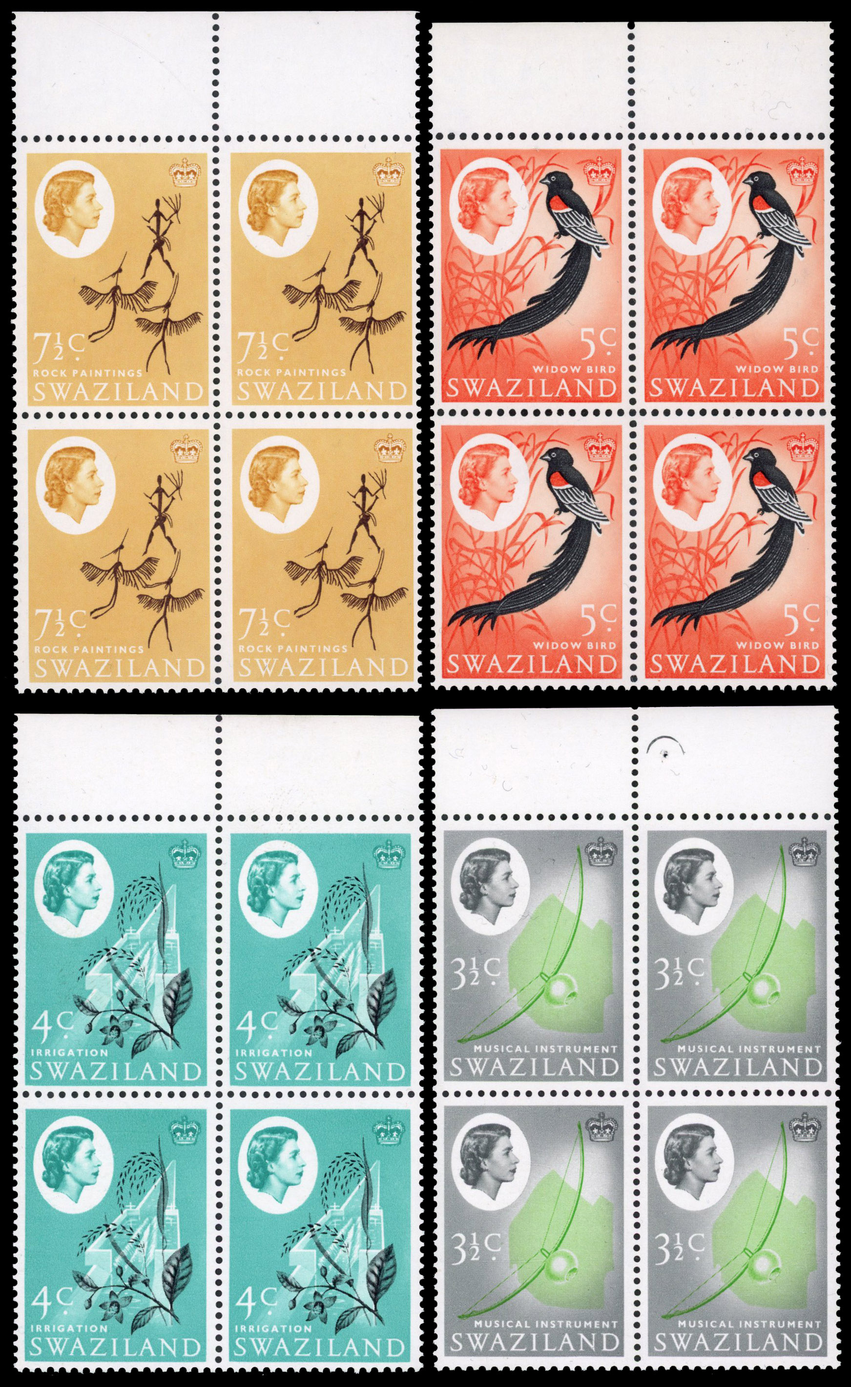 SWAZILAND: 1962 3½c, 4c, 5c and 7½c all top marginal blocks of 4 with watermark inverted, fine o.g.  SG 94w/97w