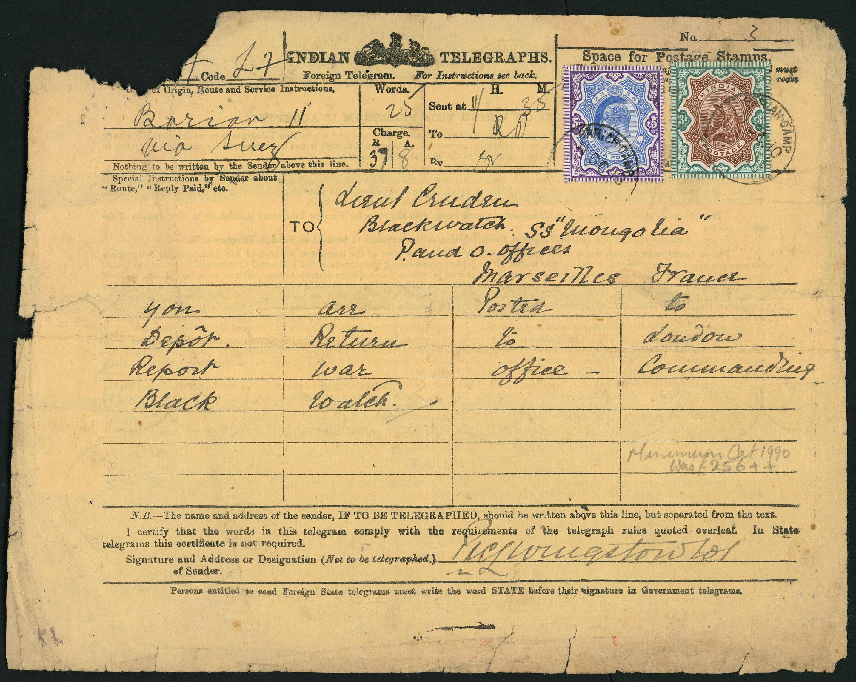 India 1910 Foreign Telegram form used