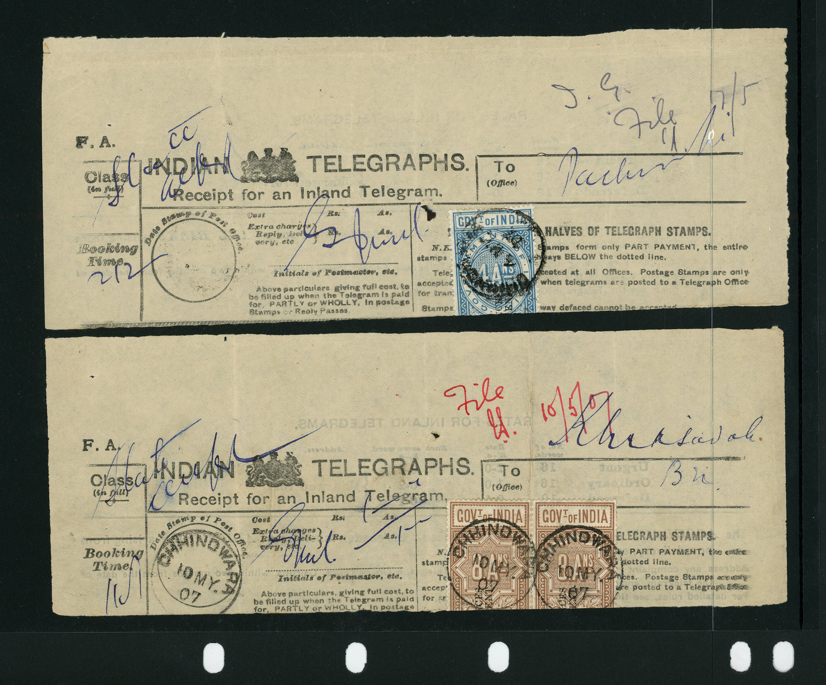 India Telegraph Officials. 1907 four Telegraph receipt portions SG T56/59