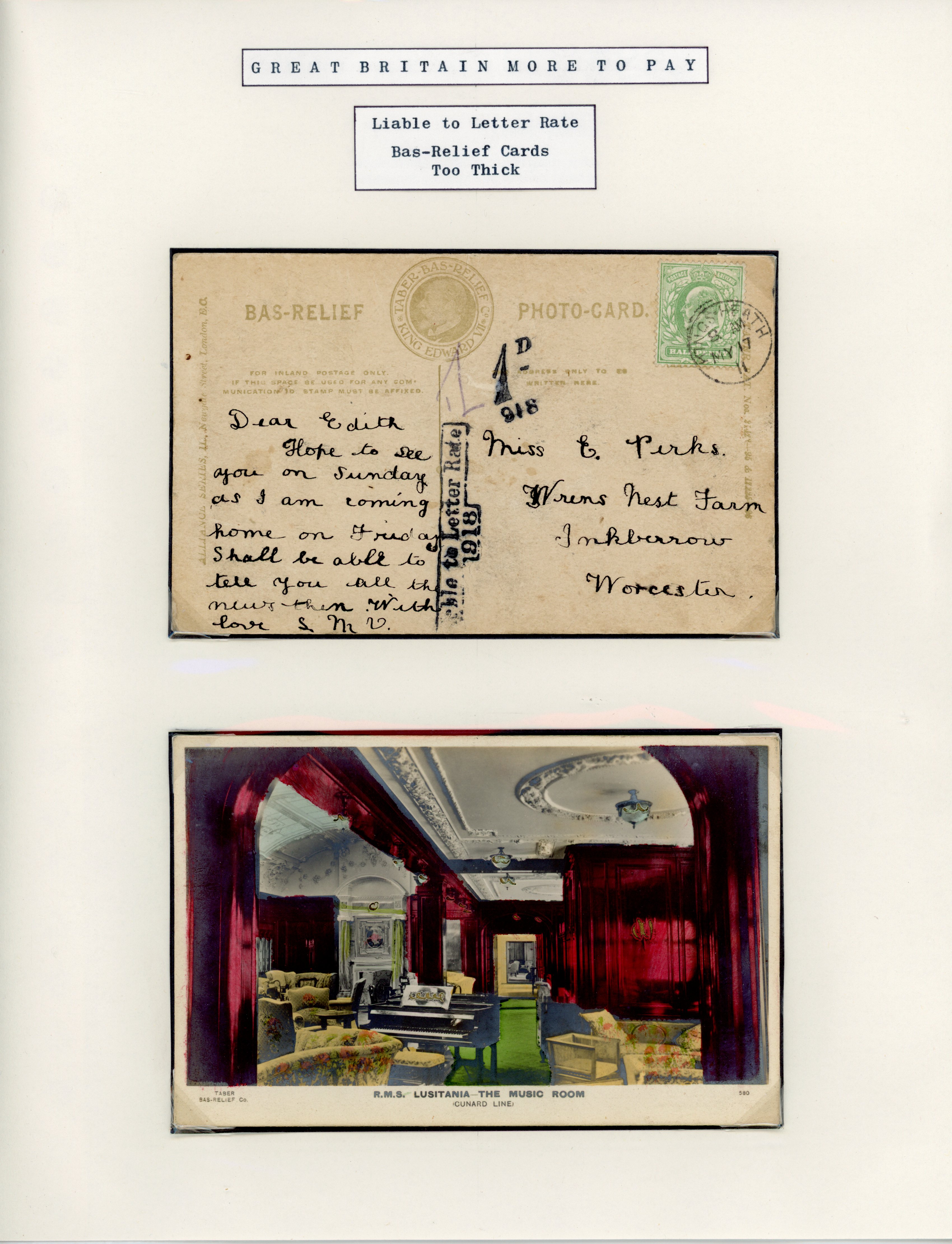 Great Britain 1911 novelty bas-relief postcard 'Liable to Letter Rate'