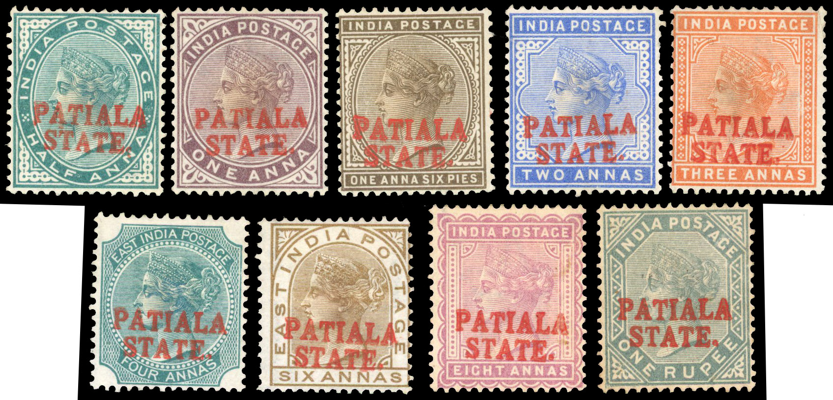 1883 2nd rejected essay set PATIALA STATE in seriffed letters SG 1-6var 