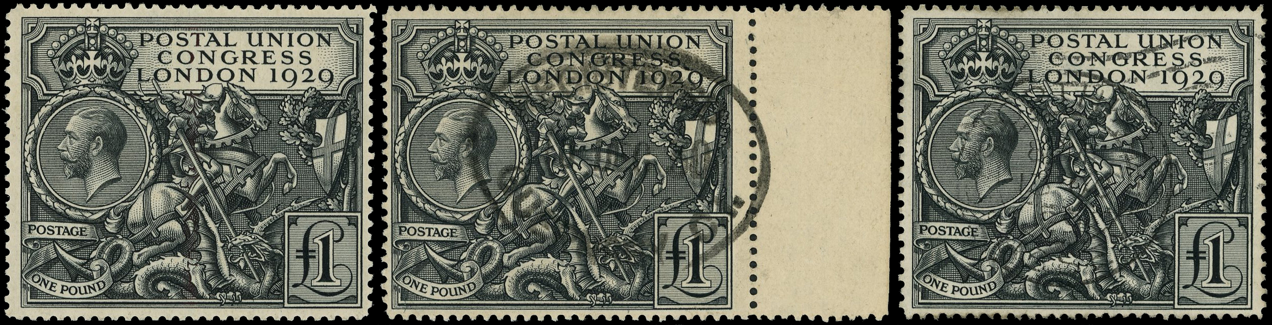 1929 PUC £1 black, one large part og (gum bends) and two used