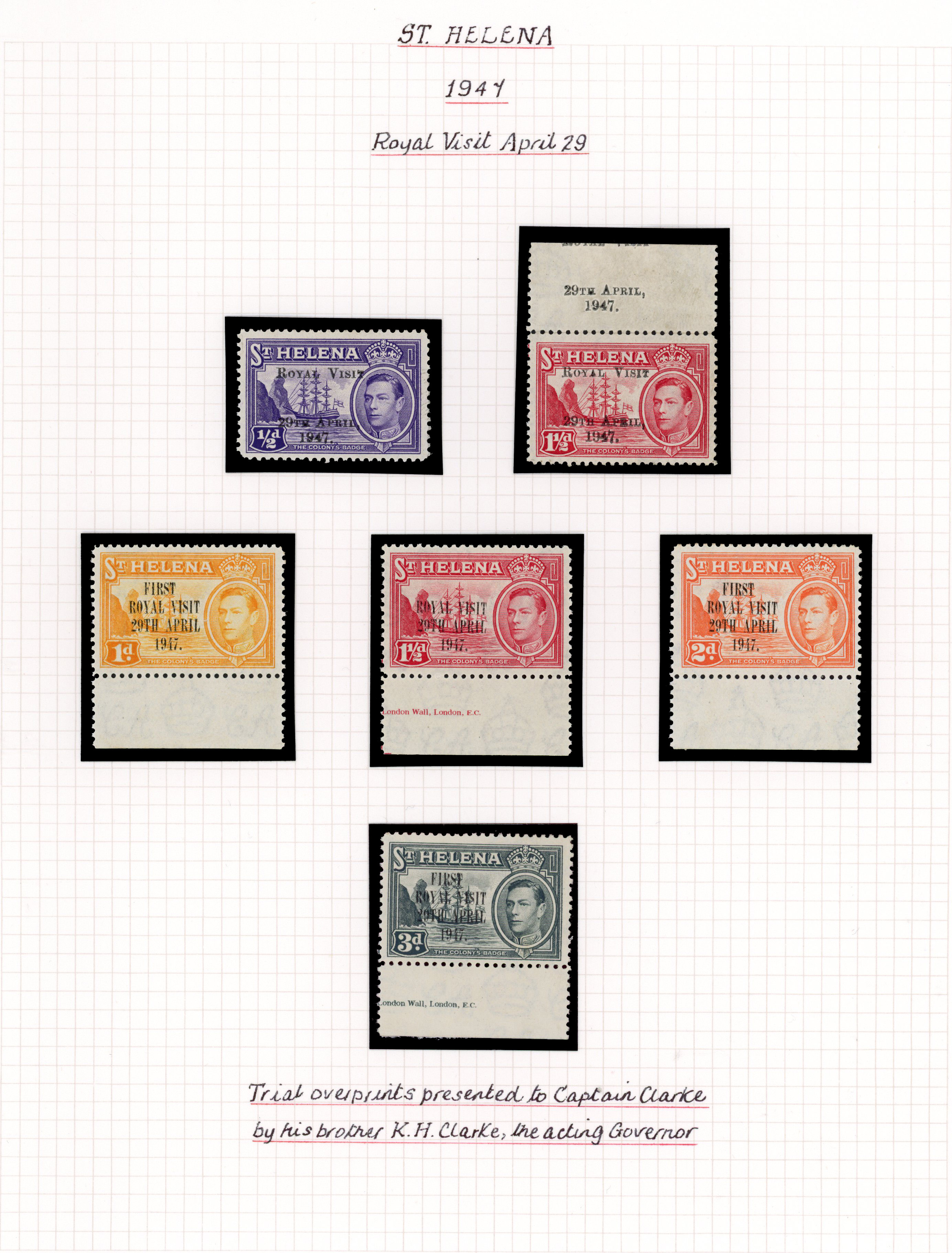 St Helena 1947 Royal Visit trial overprints