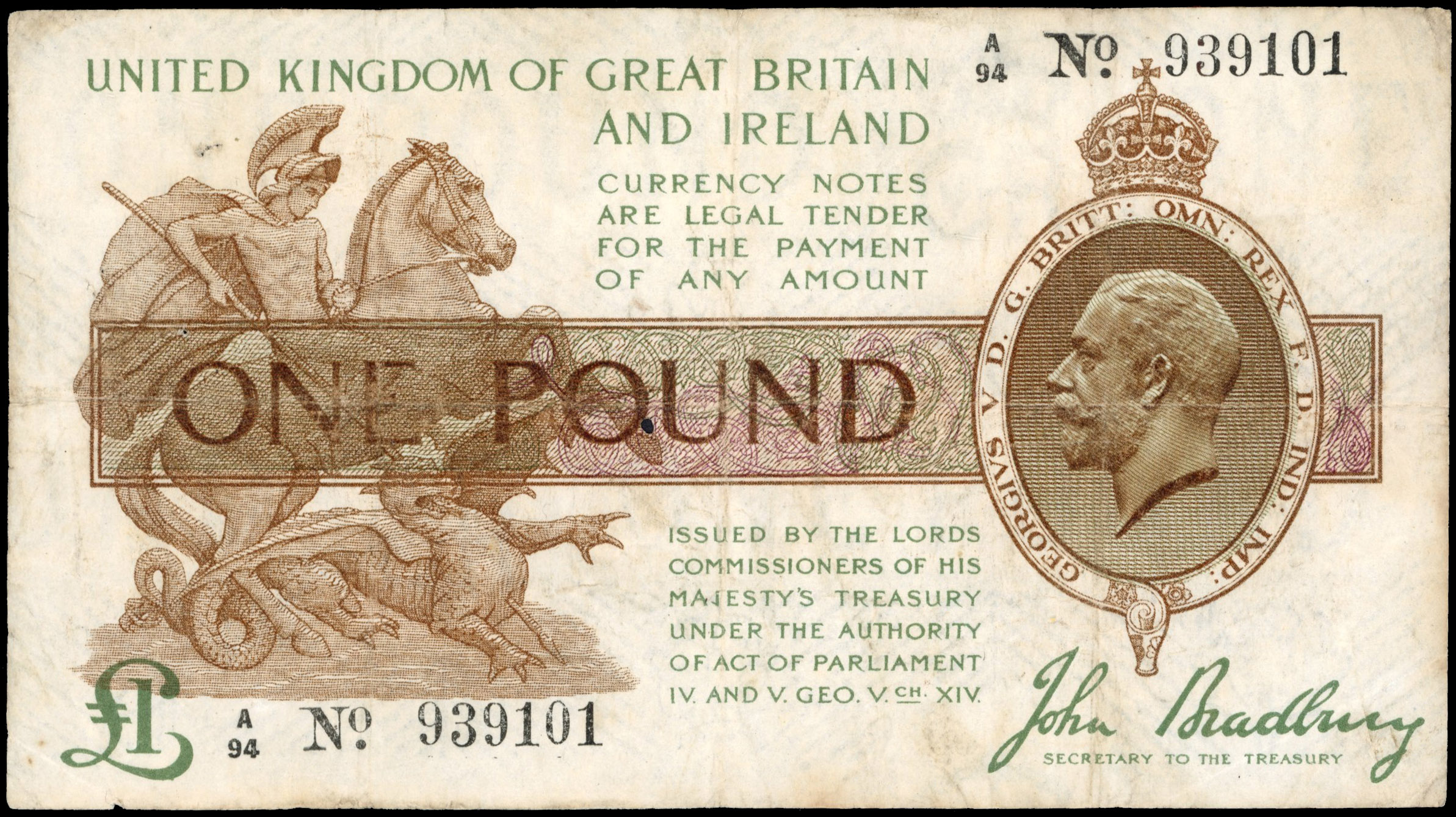 Treasury, Third Issue, J. Bradbury, One Pound, 1917-19, A/94 939101, (Dugg. T16). About Fine, large pin hole i…