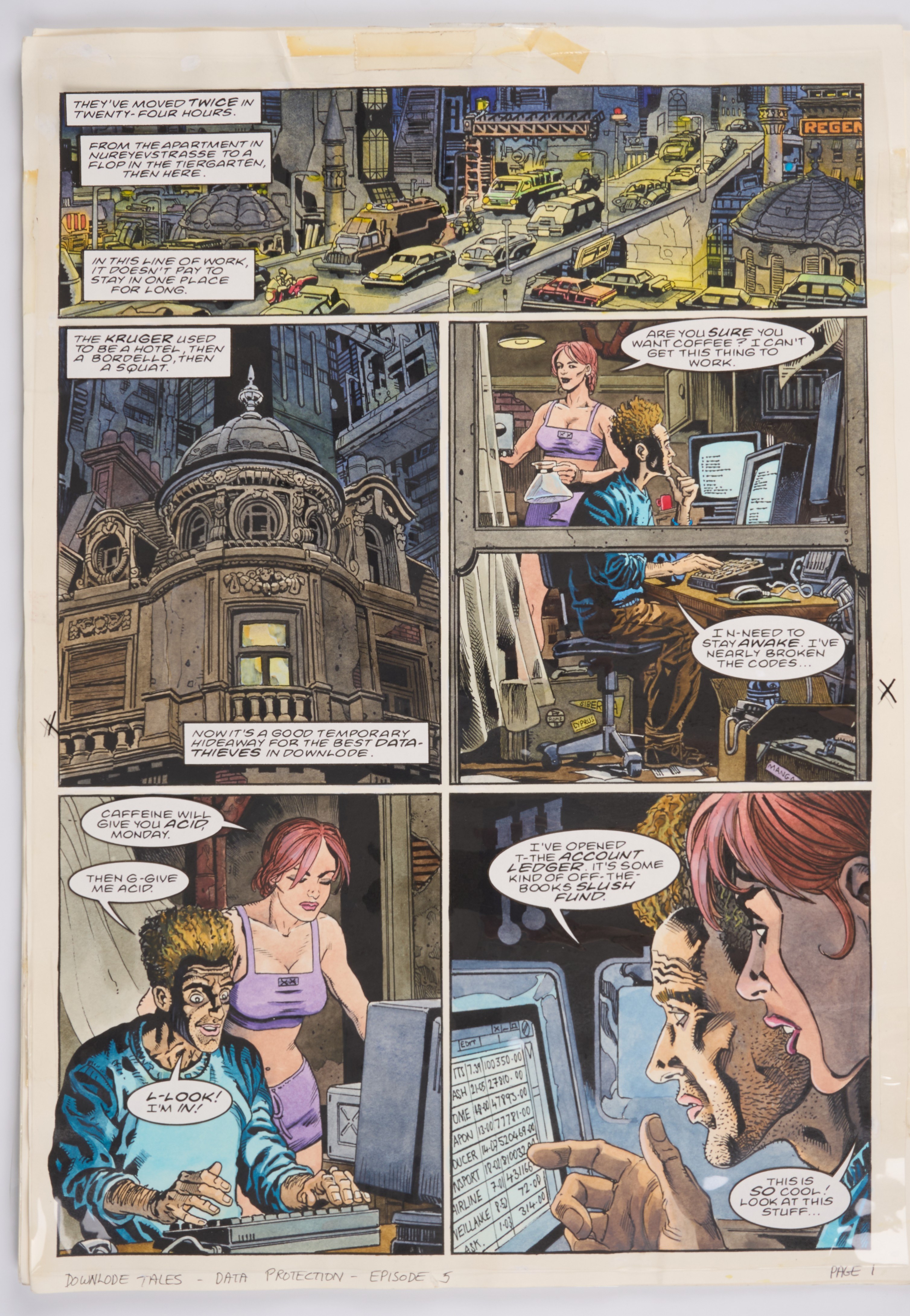 Chris Weston 2000 AD Prog #1159 Downlode Tales Data Protection Full Colour Story Pages 1-5 (Fleetway, 1990) Total 5
