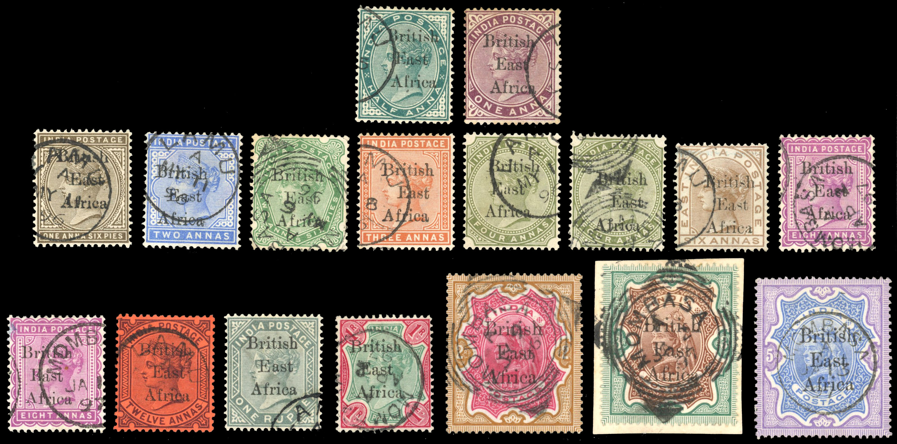 British East Africa SG 49-63 1895 overprints on India set used